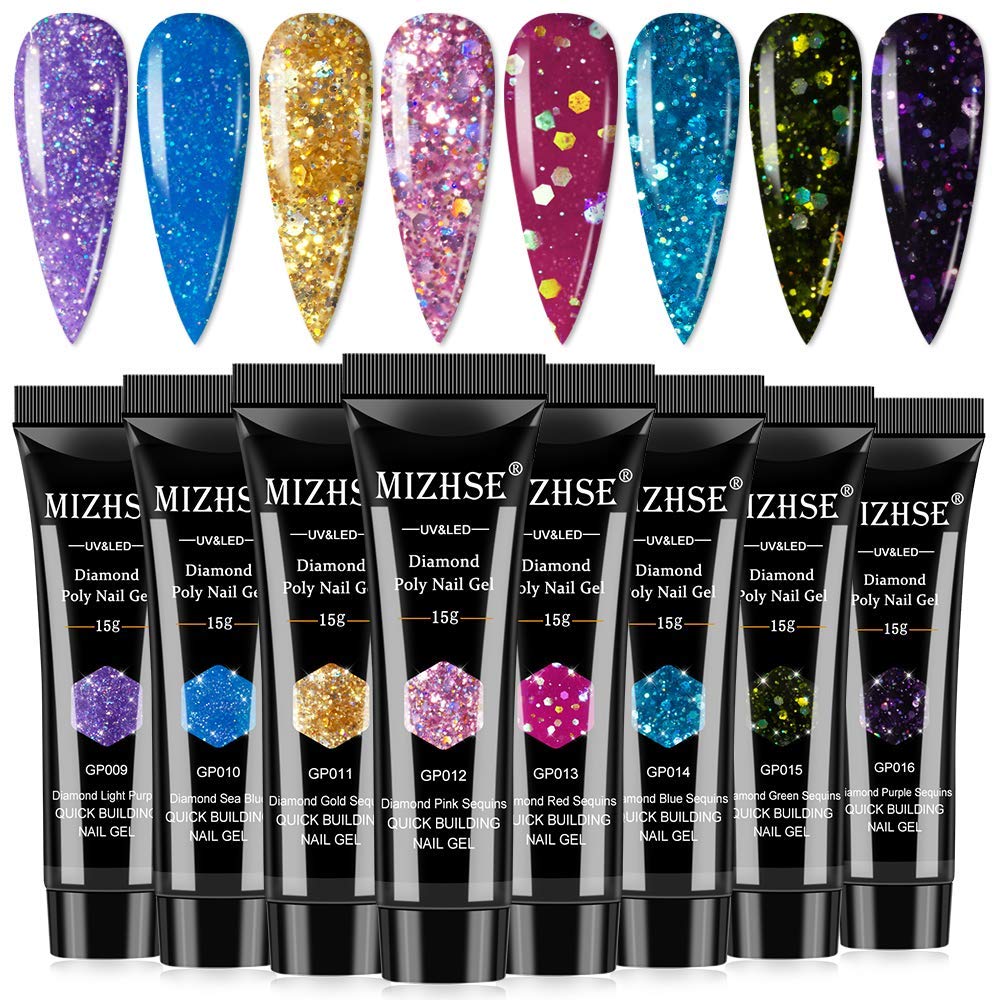 MIZHSE Kit de uñas de poligel, 8 colores, gel constructor de extensión de uñas, kit profesional de poligel con purpurina, morado, azul, rosa, rojo,