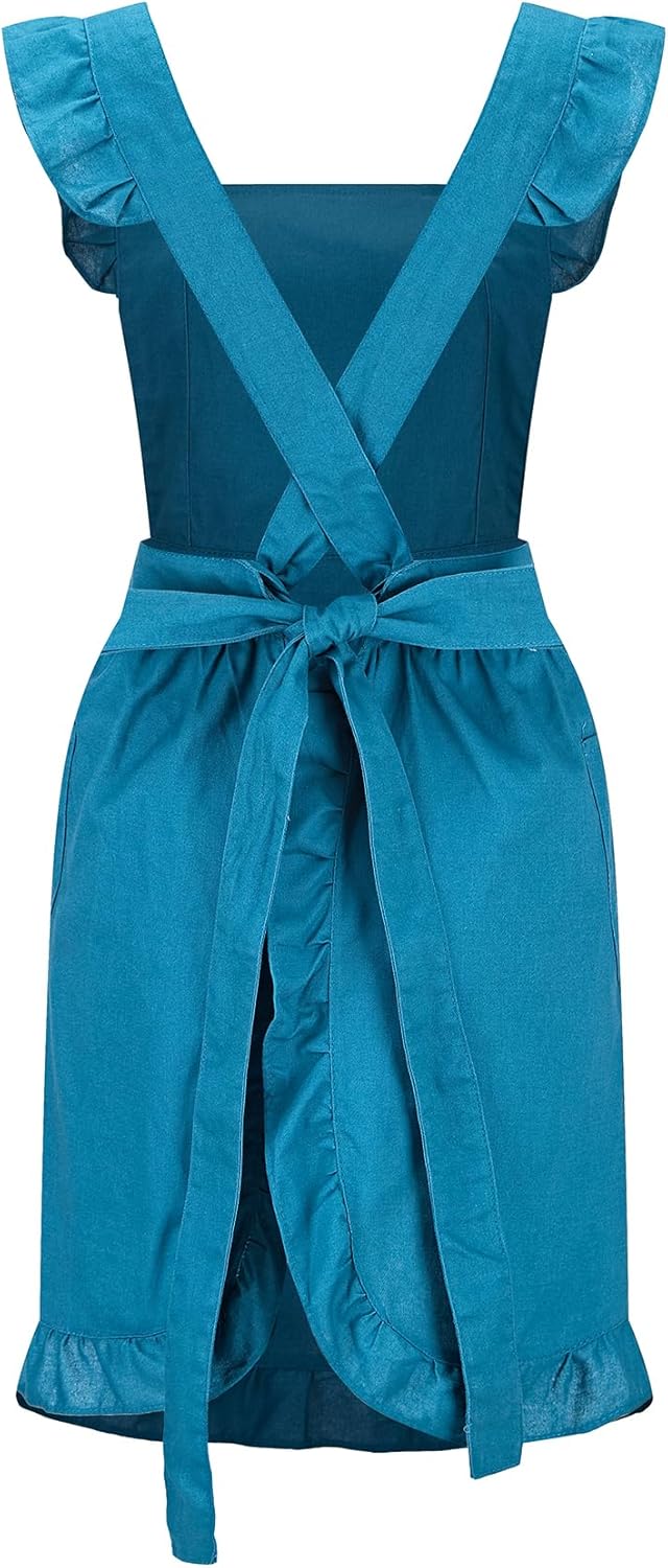 Hyzrz Delantales retro ajustables con volantes con bolsillos para mujeres y niñas, vintage, espalda cruzada, vestido de sirvienta, delantal para