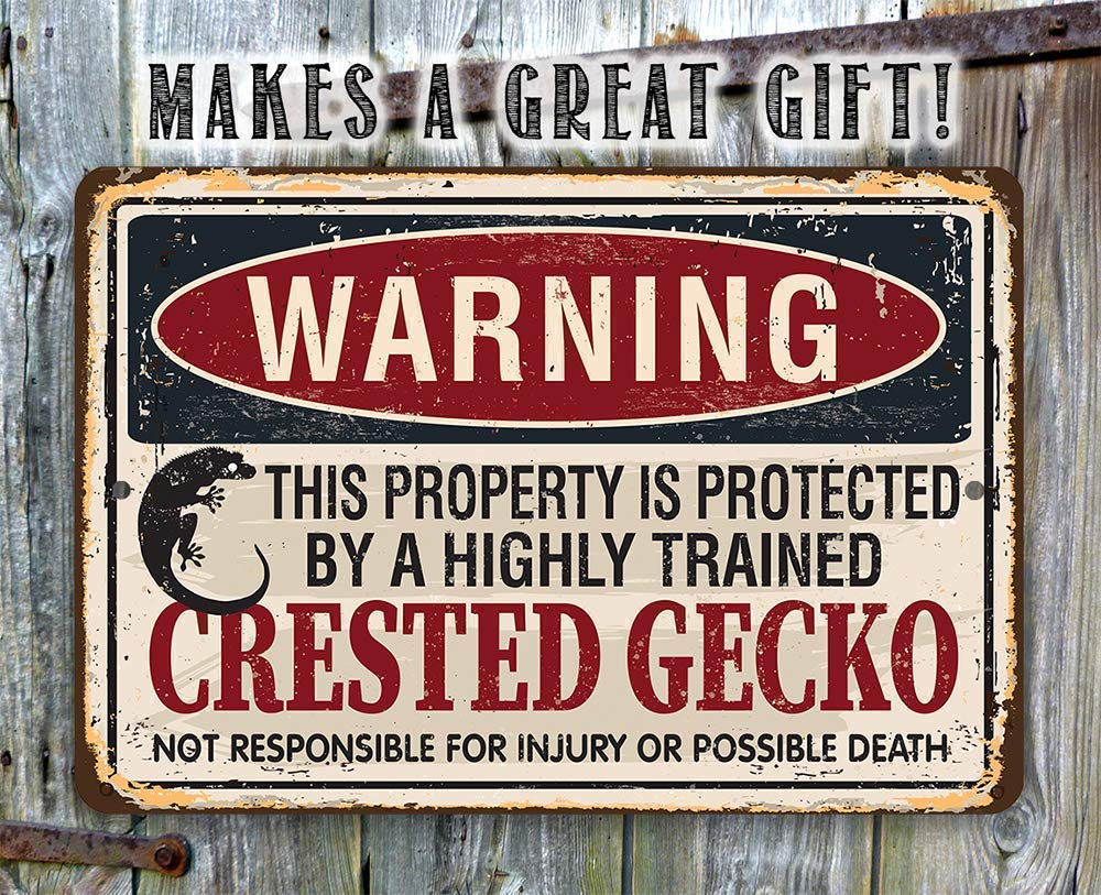Metal Sign – Warning Property Protected By Crested Gecko – Durable Metal Sign – Use IndoorOutdoor – Front Door and Bedroom Door Decor or Gift for