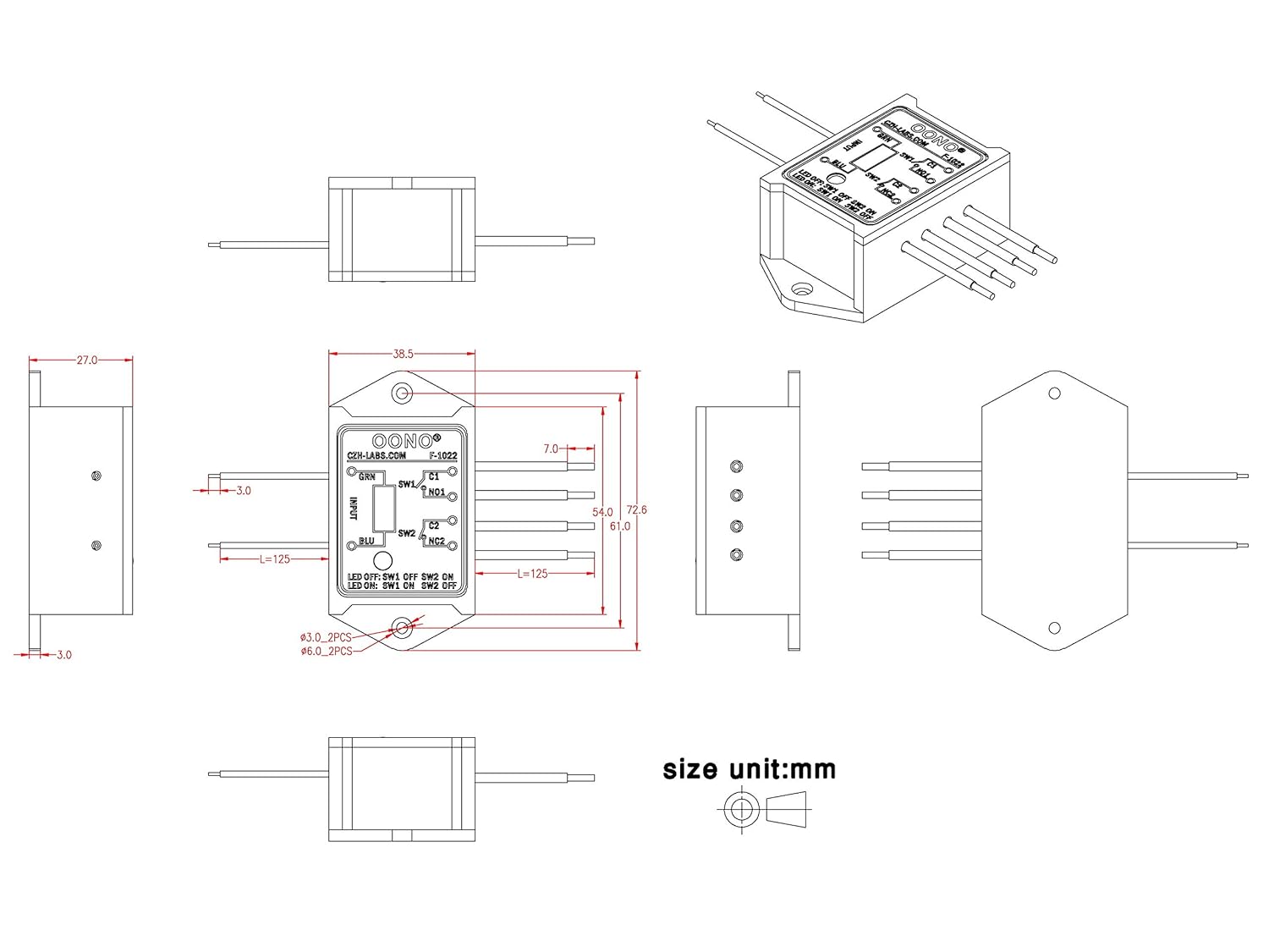 OONO Módulo de la retransmisión del poder de DPST 1NO 1NC 8Amp, voltaje de control de ACDC 5V