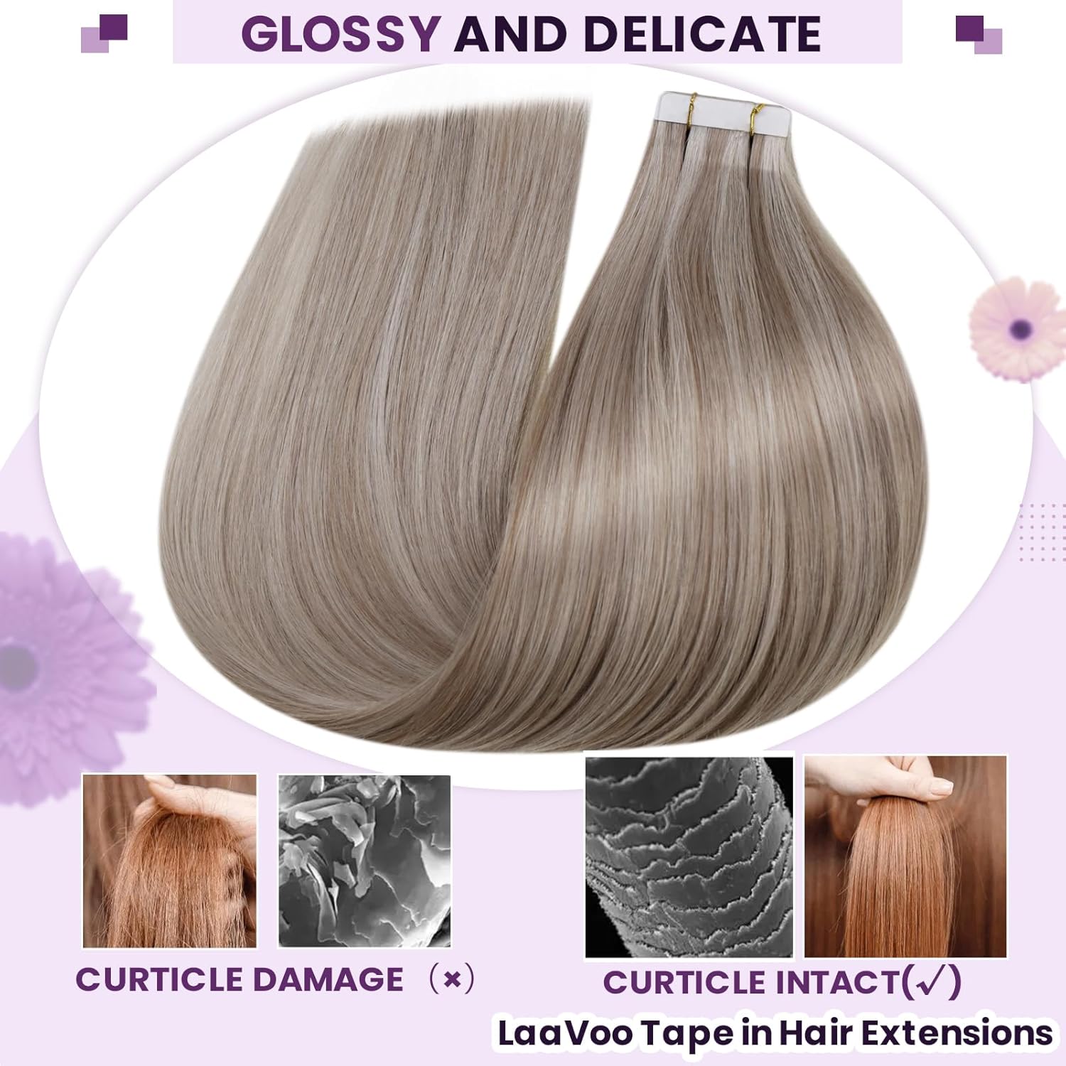 LaaVoo Extensiones de cabello humano con cinta adhesiva invisible de doble cara, 20 unidades, 1.06 oz, 12 pulgadas, color rubio platino, sin