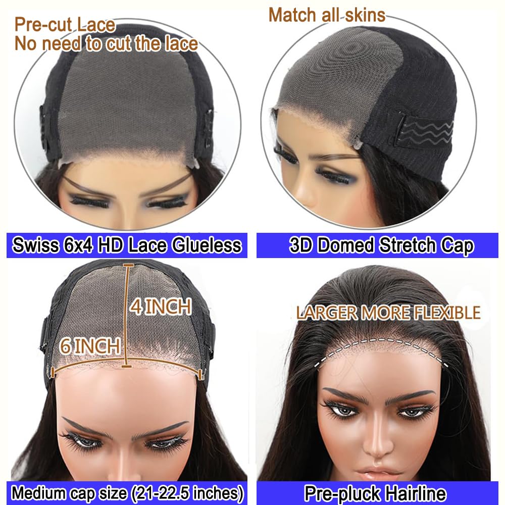 Pelucas de cabello humano sin pegamento de 28 pulgadas, precortadas para principiantes, con cierre de encaje HD de 6 x 4 pulgadas, pelucas de