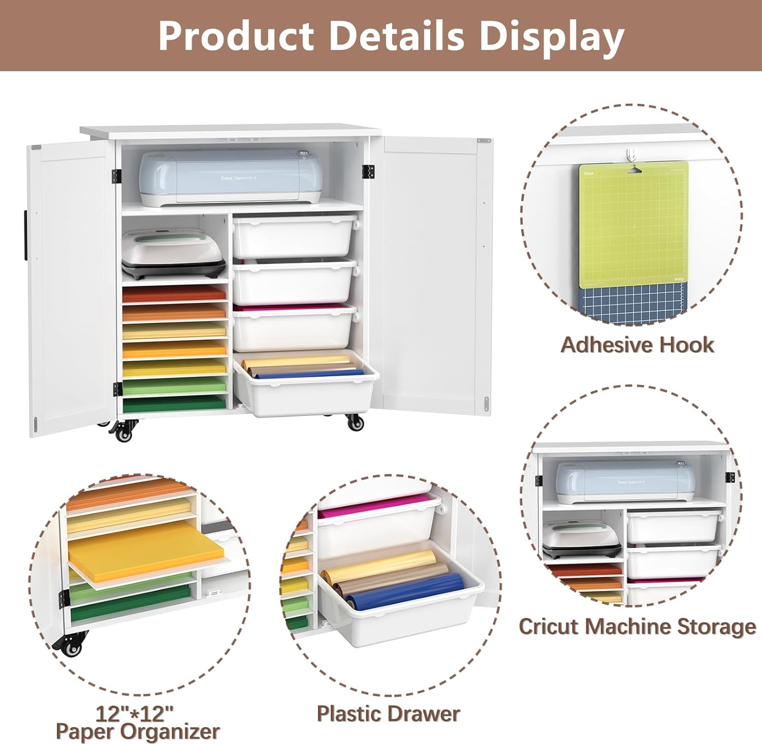 GDLF Carrito de manualidades compatible con Cricut Machine Cricut Mesa Cricut con armario de almacenamiento, carrito de Cricut con cajones diseñados