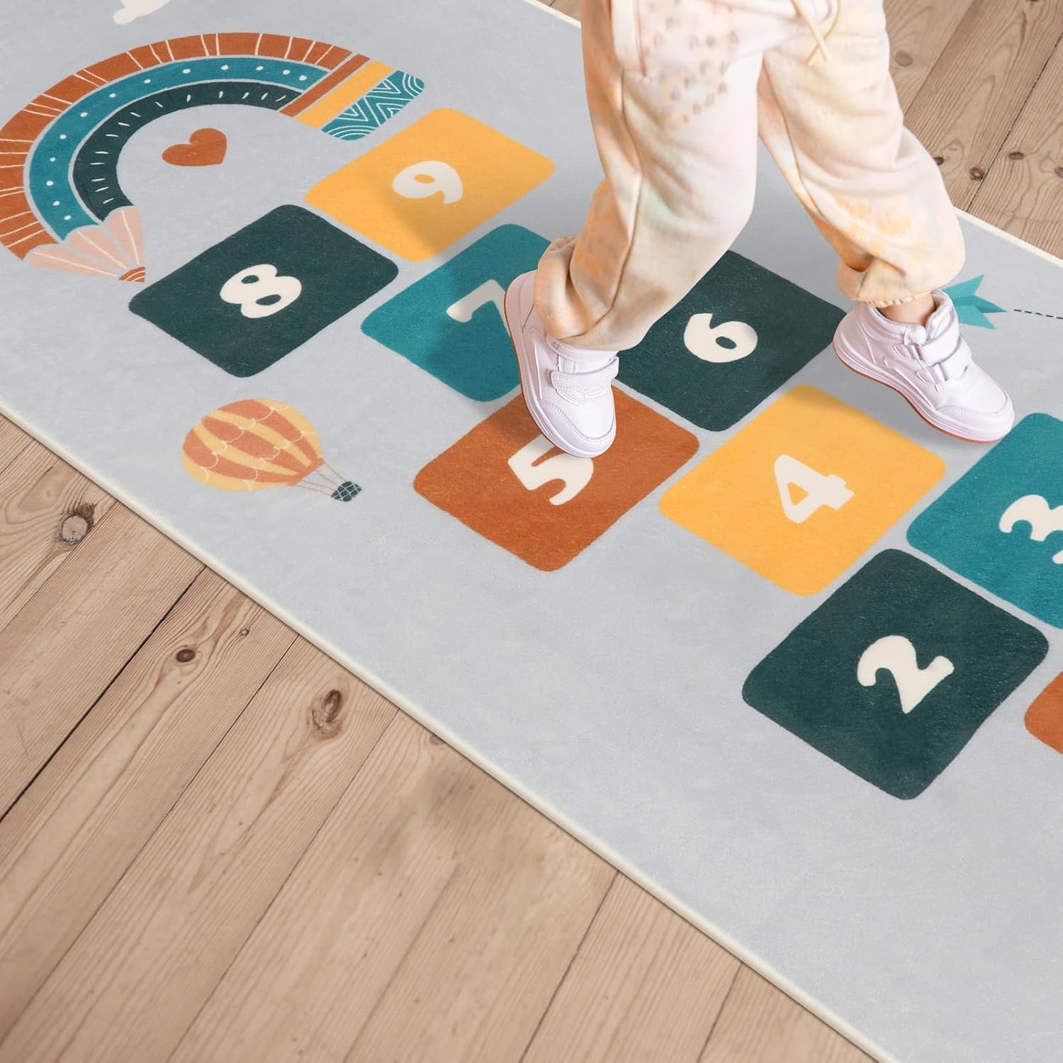 STARUIA Alfombra gris Hopscotch para niños para sala de juegos, alfombra antideslizante lavable para habitación de los niños, alfombra suave y