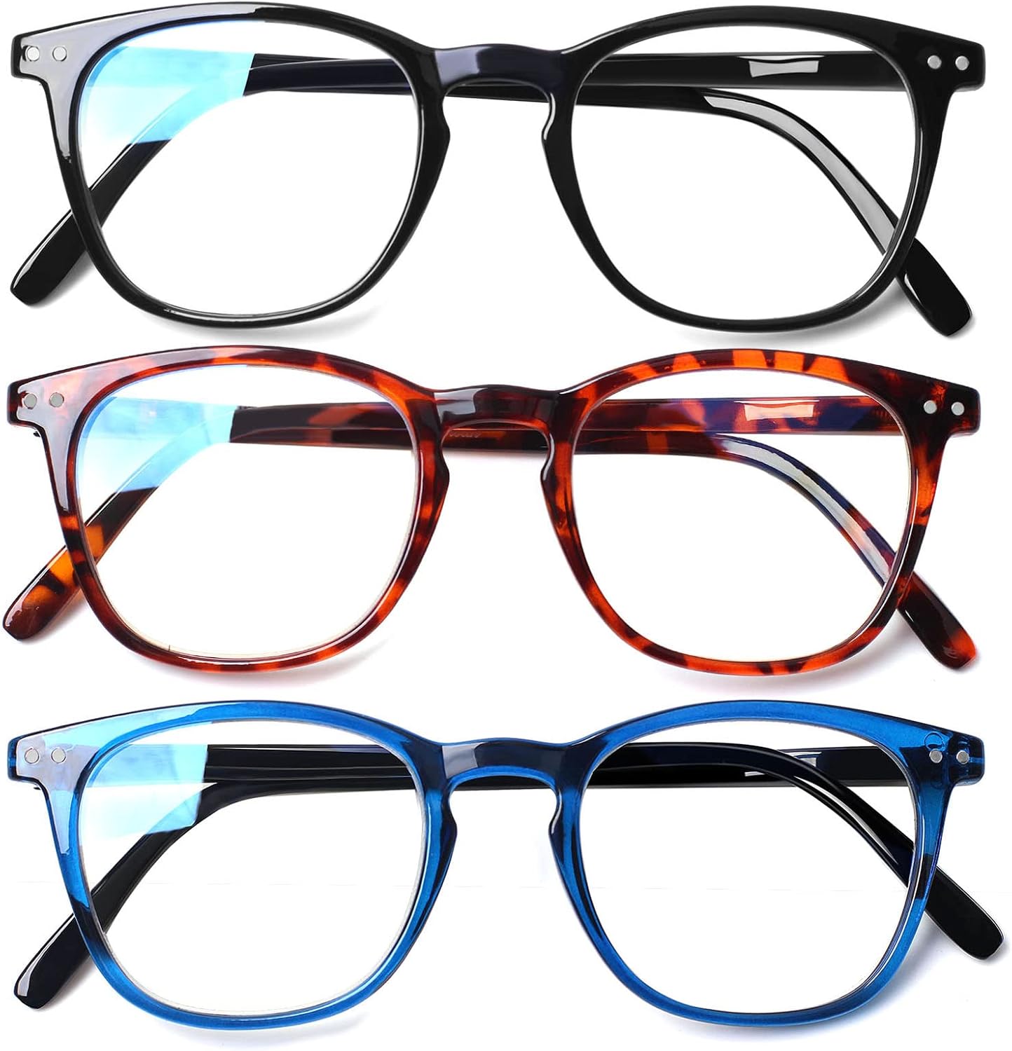 Henotin Paquete de 3 lentes de lectura con bloqueo de luz azul, lectores de computadora con bisagra de resorte para hombres y mujeres, anteojos con