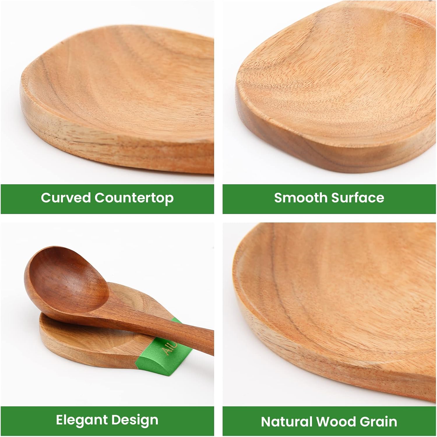 Soporte de cuchara de madera para encimera de cocina, soporte de cuchara de madera de teca natural para estufa o encimera (verde)