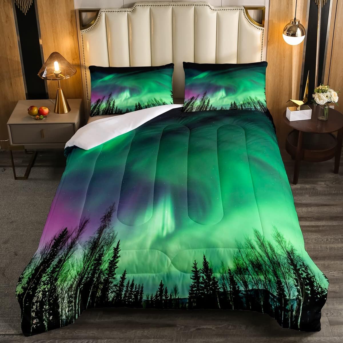Juego de ropa de cama Aurora, juego de edredón verde con luces del norte, edredón de cielo estrellado y galaxia para niños y niñas, edredón de