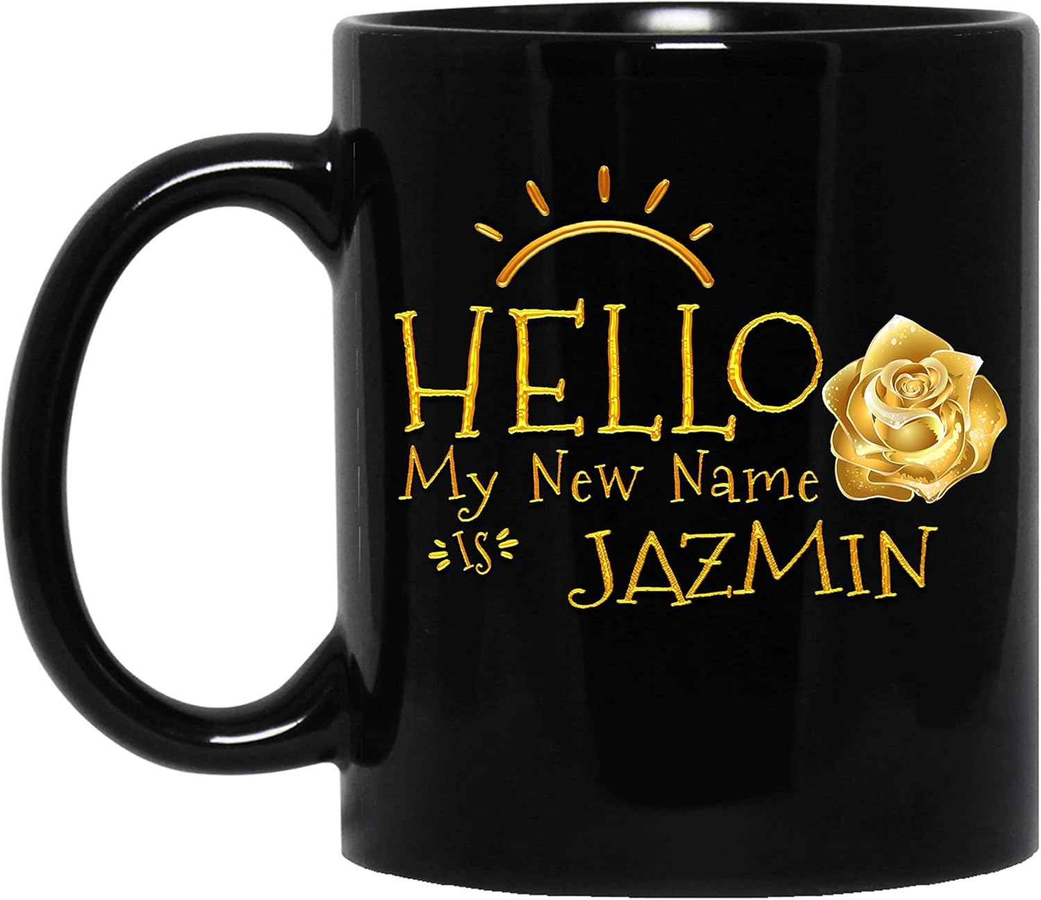 Taza de café con texto en inglés Hello My Name Is Jazmin, taza de café con nombre personalizado, taza de oro personalizada, regalo para ella, para