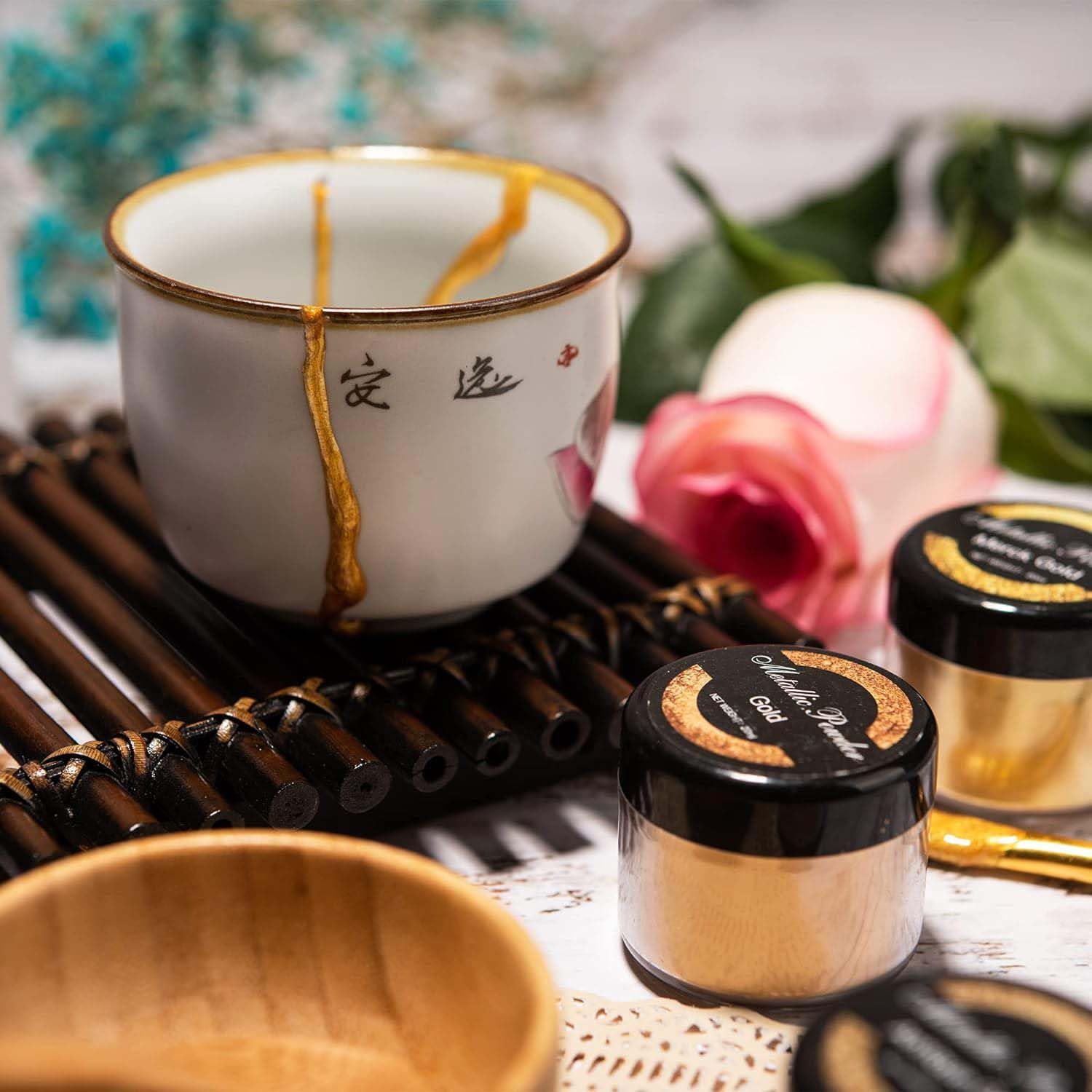 Plearty Kintsugi – Kit de reparación de oro seguro para alimentos, 1.7 fl oz, resina epoxi de 2.12 oz, polvo de mica dorado metálico, 15 páginas