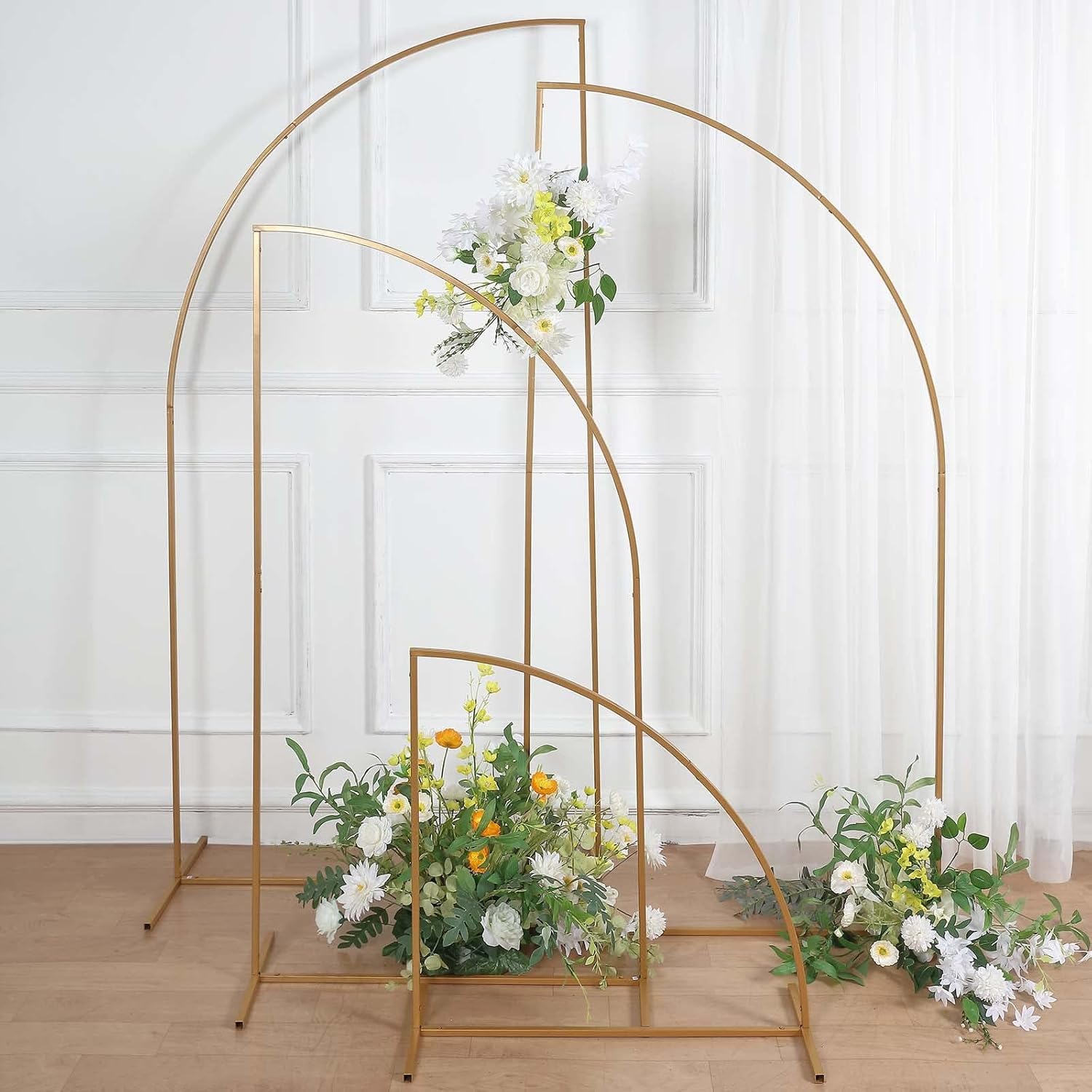 TABLECLOTHSFACTORY – Juego de 4 soportes de metal dorado para telón de fondo de arco de boda, marco floral de media luna, 2.5 pies, 5 pies, 6.5 pies