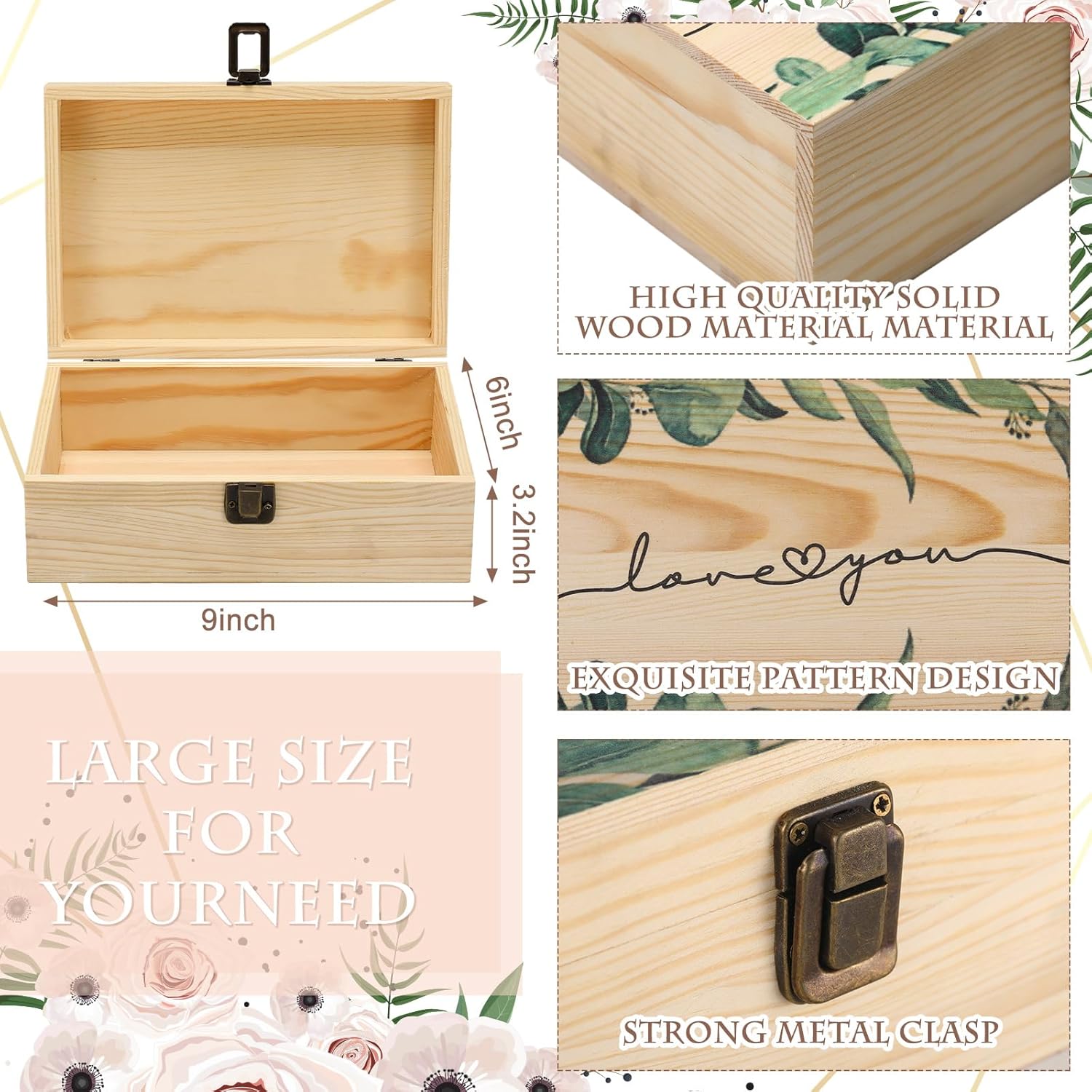 Huwena Love You and Mr Mrs Memory – Caja de madera grande de eucalipto para aniversario, 9 x 6 x 3.2 pulgadas, caja de recuerdo para boda, día de