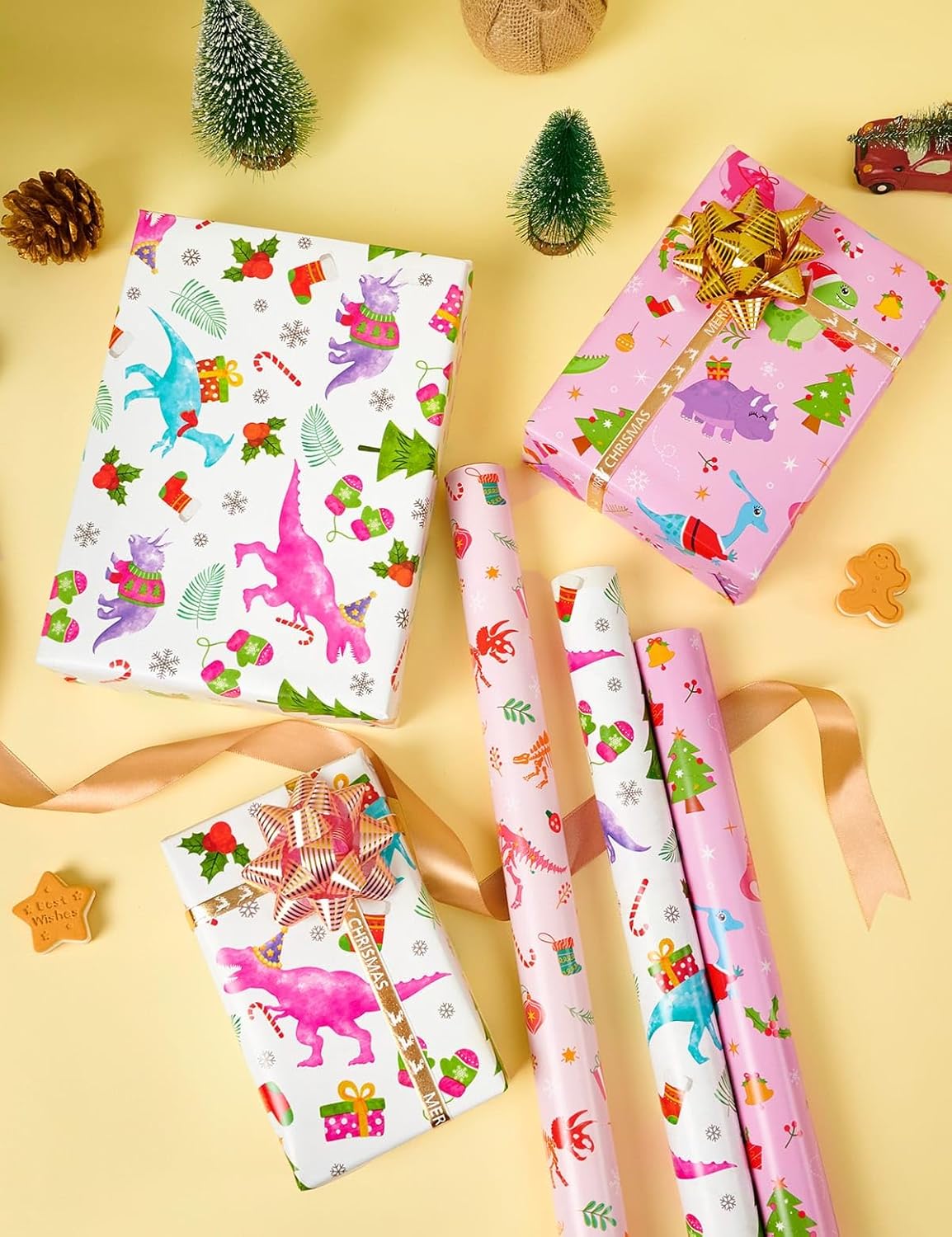 Rollos de papel de regalo de Navidad de dinosaurios, 3 rollos de papel de regalo de dinosaurio rosa de 17 x 120 pulgadas, papel de regalo de