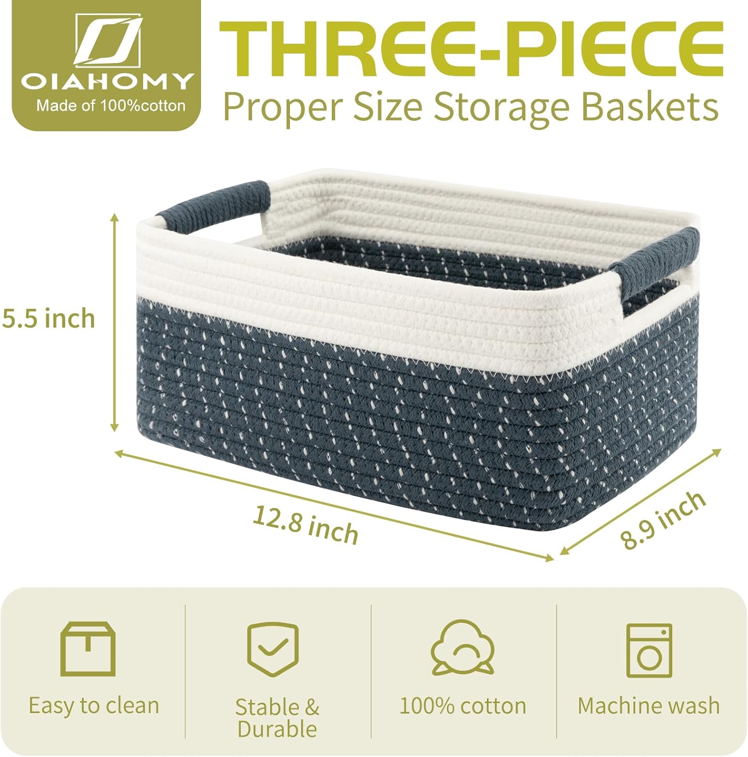 OIAHOMY Cestas tejidas de 12.8 x 9 x 5.5 pulgadas para almacenamiento, cestas de almacenamiento para estantes, juego de 3 cestas de cuerda de
