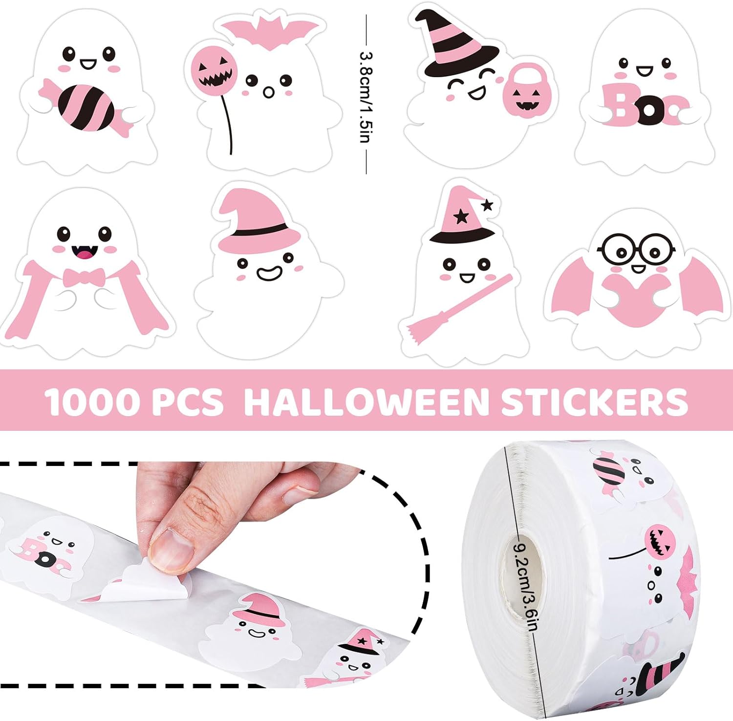 AnyDesign – 1000 calcomanías de Halloween en rollo de fantasma rosa, calcomanías autoadhesivas redondas para manualidades, regalos, bolsas de