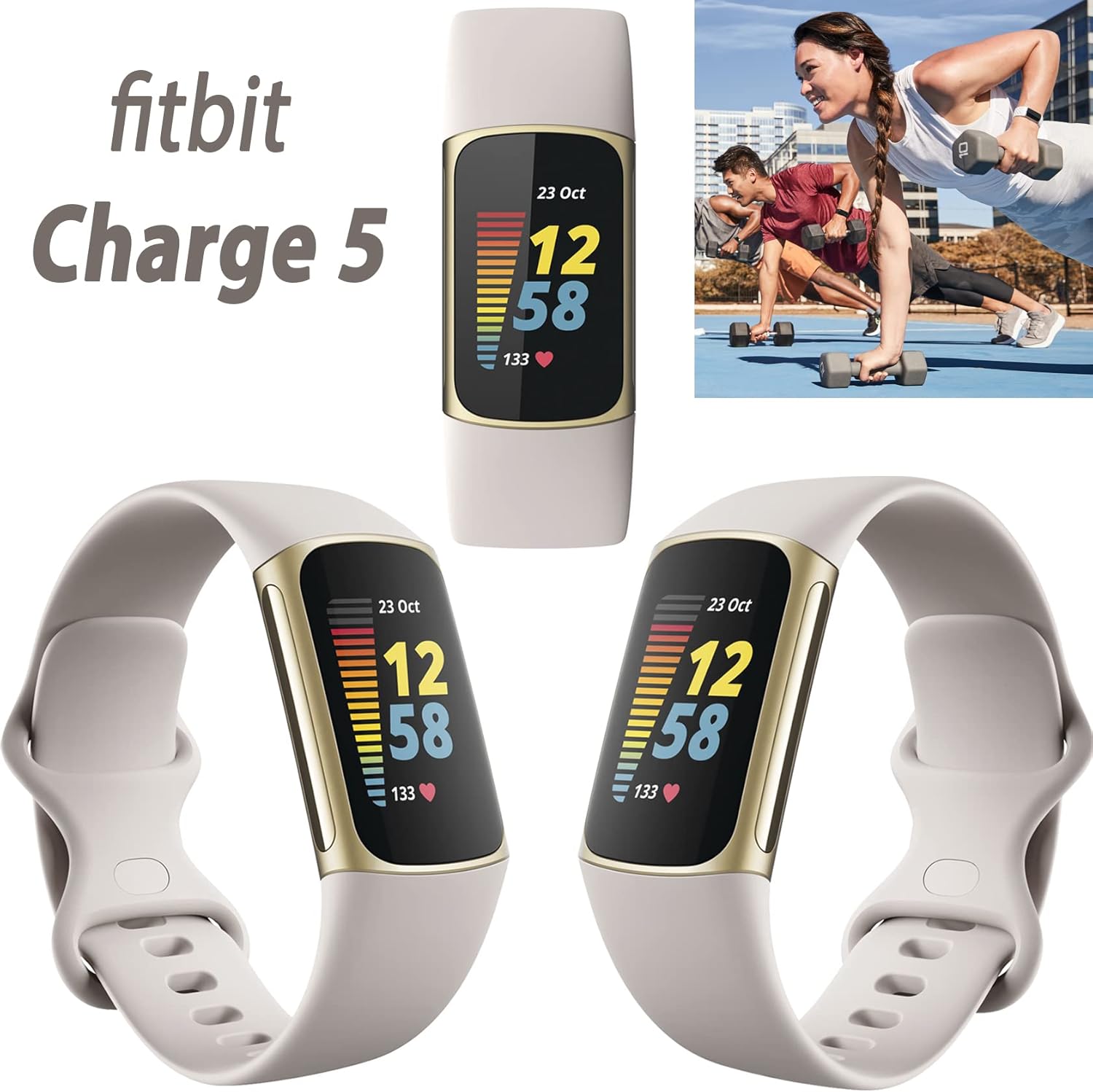 Fitbit Charge 5 Advanced Fitness & Health Tracker (blanco) con GPS integrado, herramientas de gestión de estrés, paquete con 2 correas de reloj,