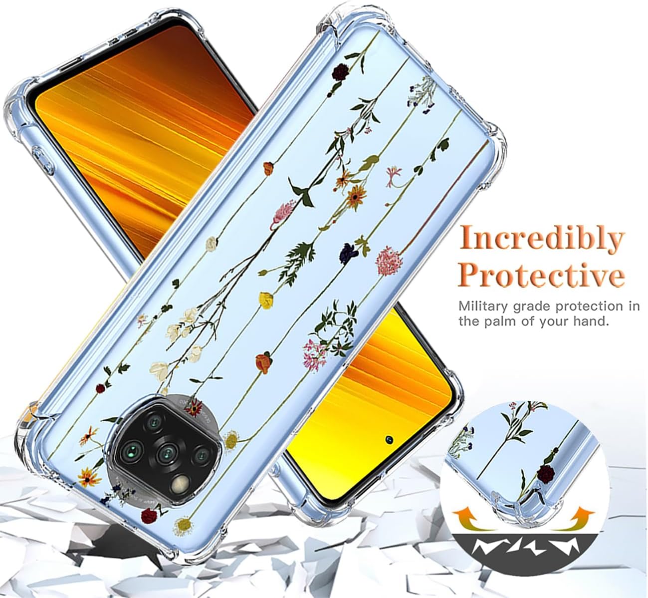 GTBDEKI Funda para teléfono Poco X3 NFCPoco X3 ProPoco X3, M2007J20CG con protector de pantalla, funda transparente con patrones de jardín de