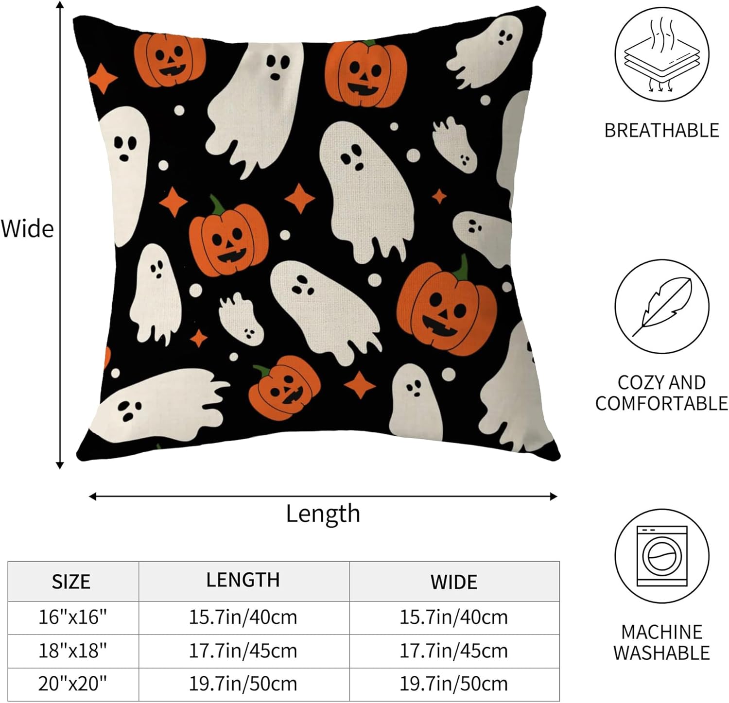 Aitukang Juego de 2 fundas de almohada de Halloween de 16 x 16 pulgadas, diseño de calabaza, fantasma, estrellas, para exteriores, para el hogar,