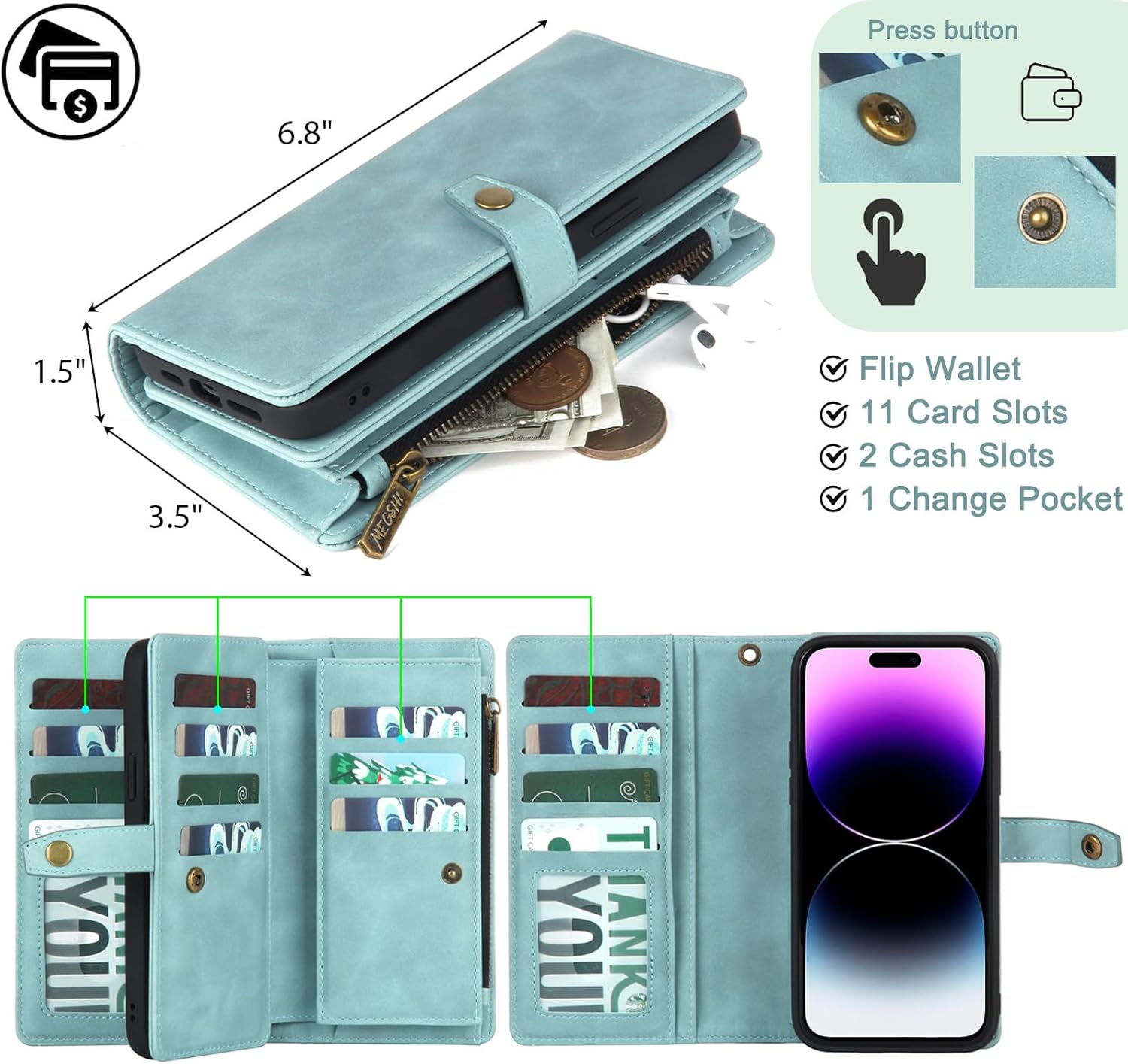 Funda tipo cartera compatible con iPhone 15 Pro, funda magnética desmontable para teléfono, funda protectora de cuero con soporte para tarjetas, 6.1