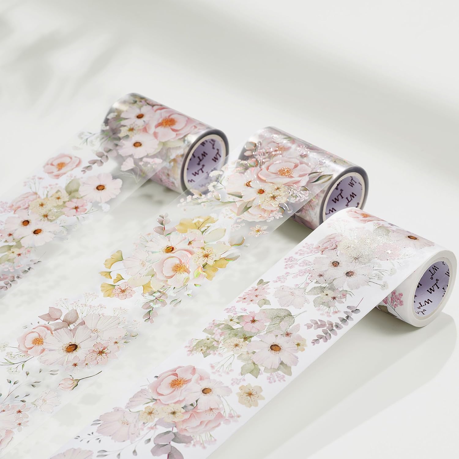 WT Cinta de PET ancha rubor, rollo individual, diseños originales, cinta decorativa de flores rosas acuarelas, cinta adhesiva transparente