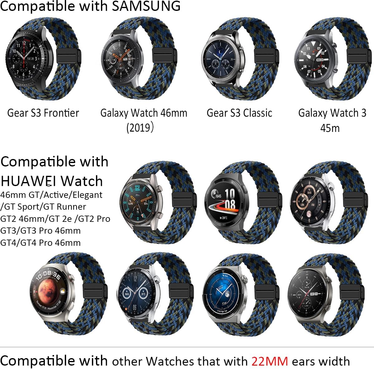 MroTech Correa deportiva trenzada de nailon de liberación rápida de 0.866 in, compatible con Samsung Galaxy Watch 3 de 1.772 in1.811 in (2019)Gear