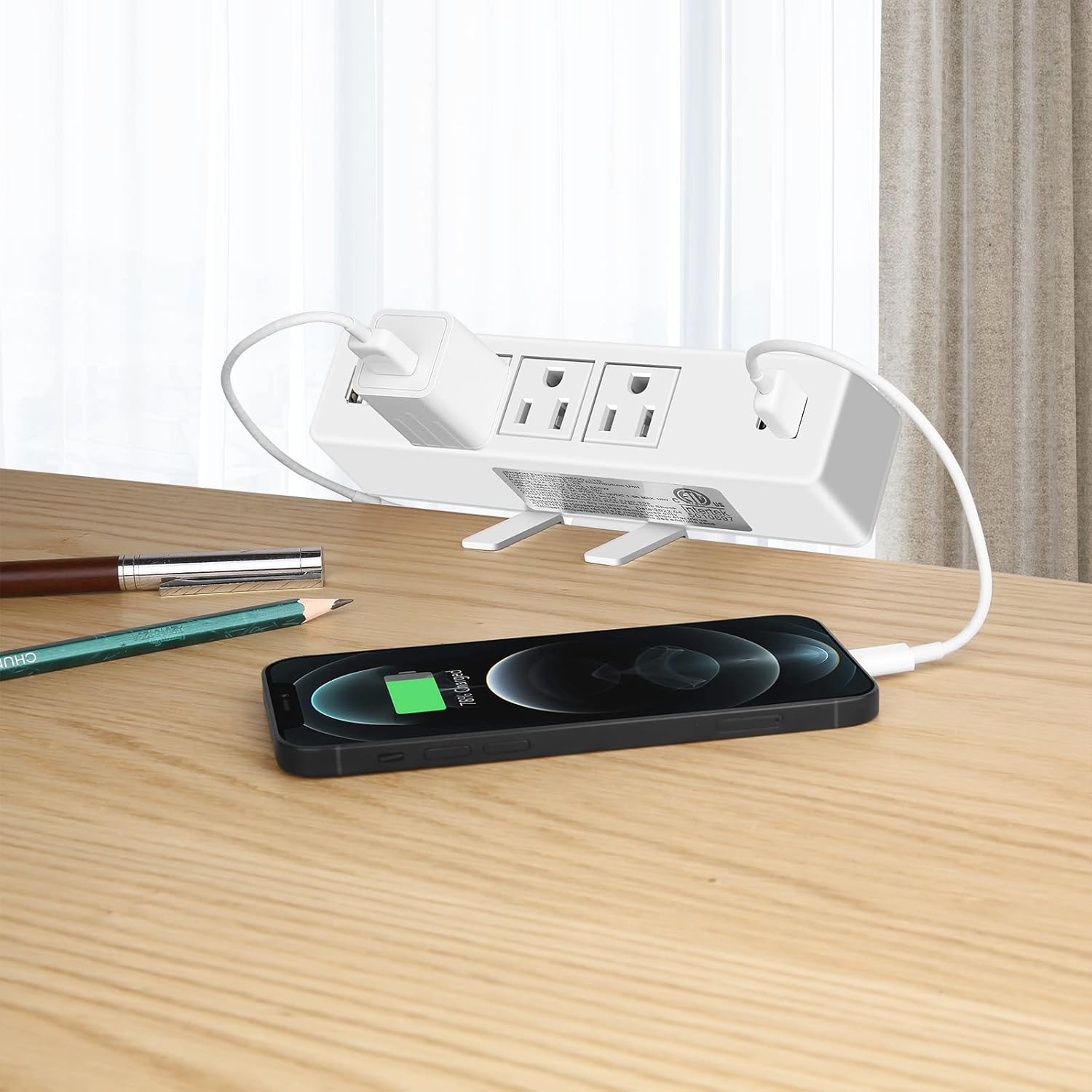 Regleta de alimentación de escritorio blanca de 10 pies con USB, protector de sobretensiones, estación de carga de energía con 3 enchufes, 3 USB A 1