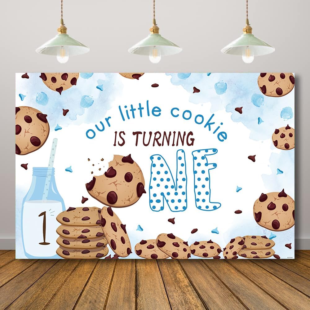 Our Little Cookie is Turning One, fondo de fiesta de primer cumpleaños, color azul y blanco, decoración de primer cumpleaños, 71 x 47 pulgadas