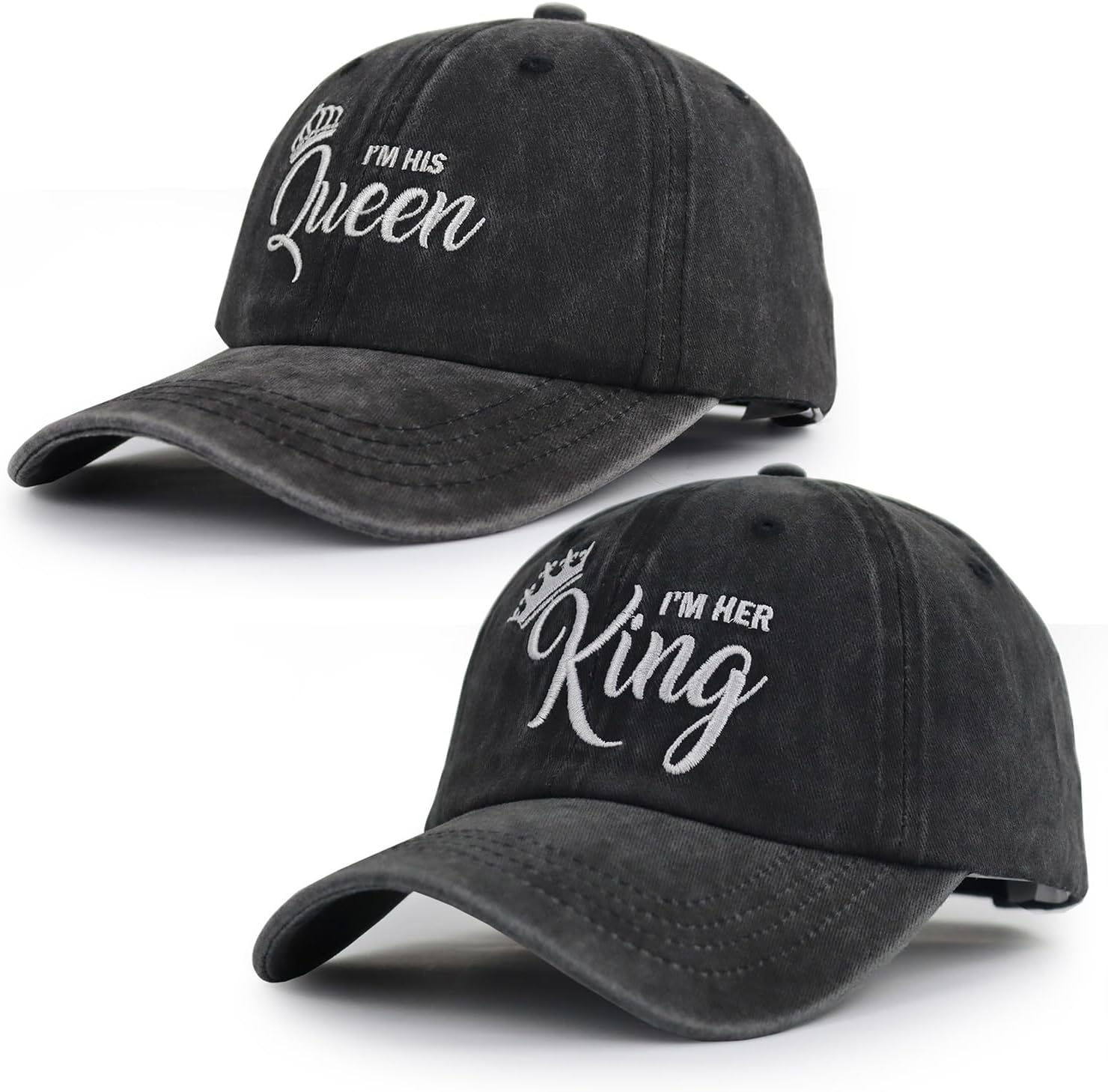 2 gorras con texto en inglés “I I’m Her King and I’m His Queen” para hombres y mujeres, ajustable de algodón lavado a juego para bodas, parejas,