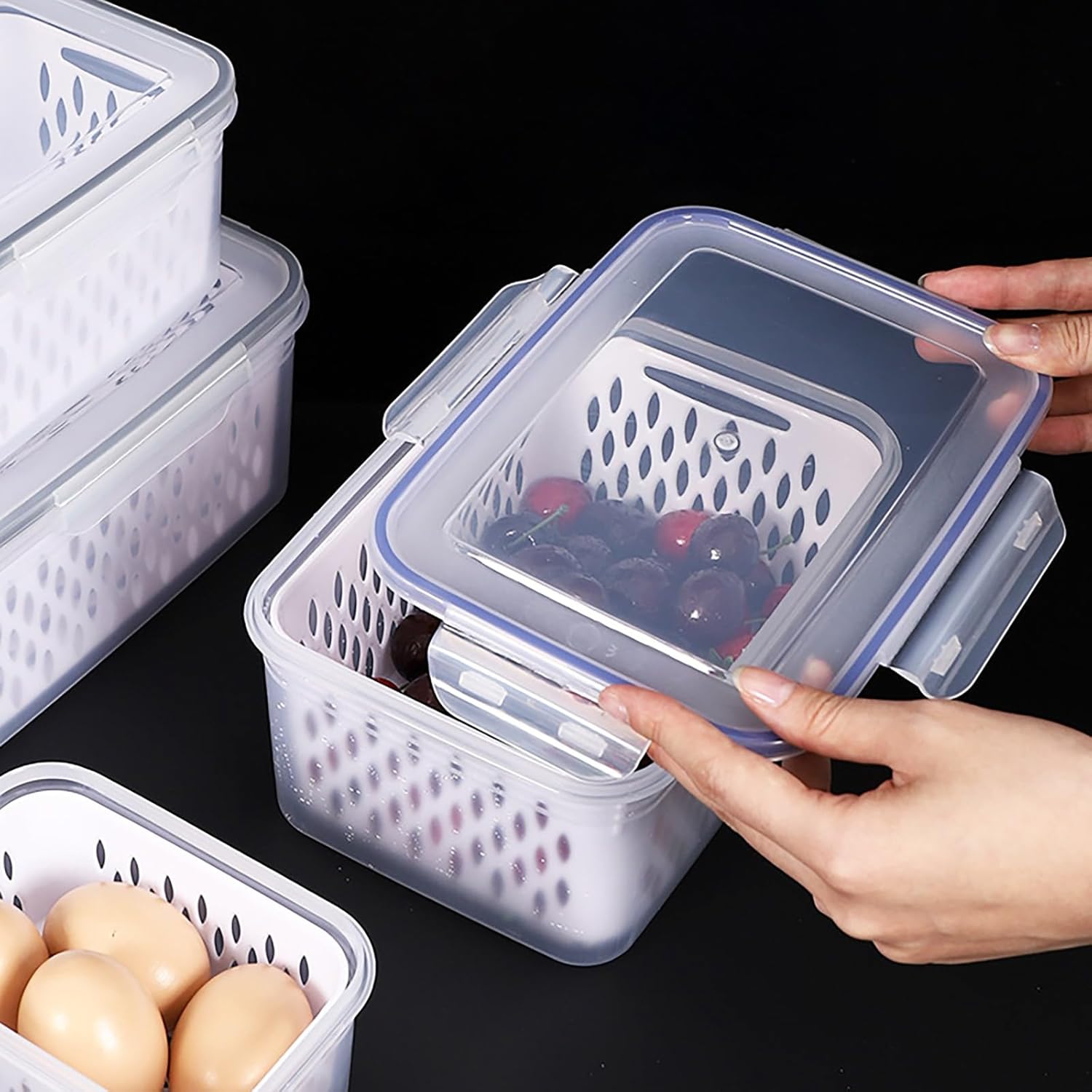 Contenedores de almacenamiento de frutas para refrigerador con tapas y asas, paquete de 3 recipientes herméticos sin BPA a prueba de fugas,