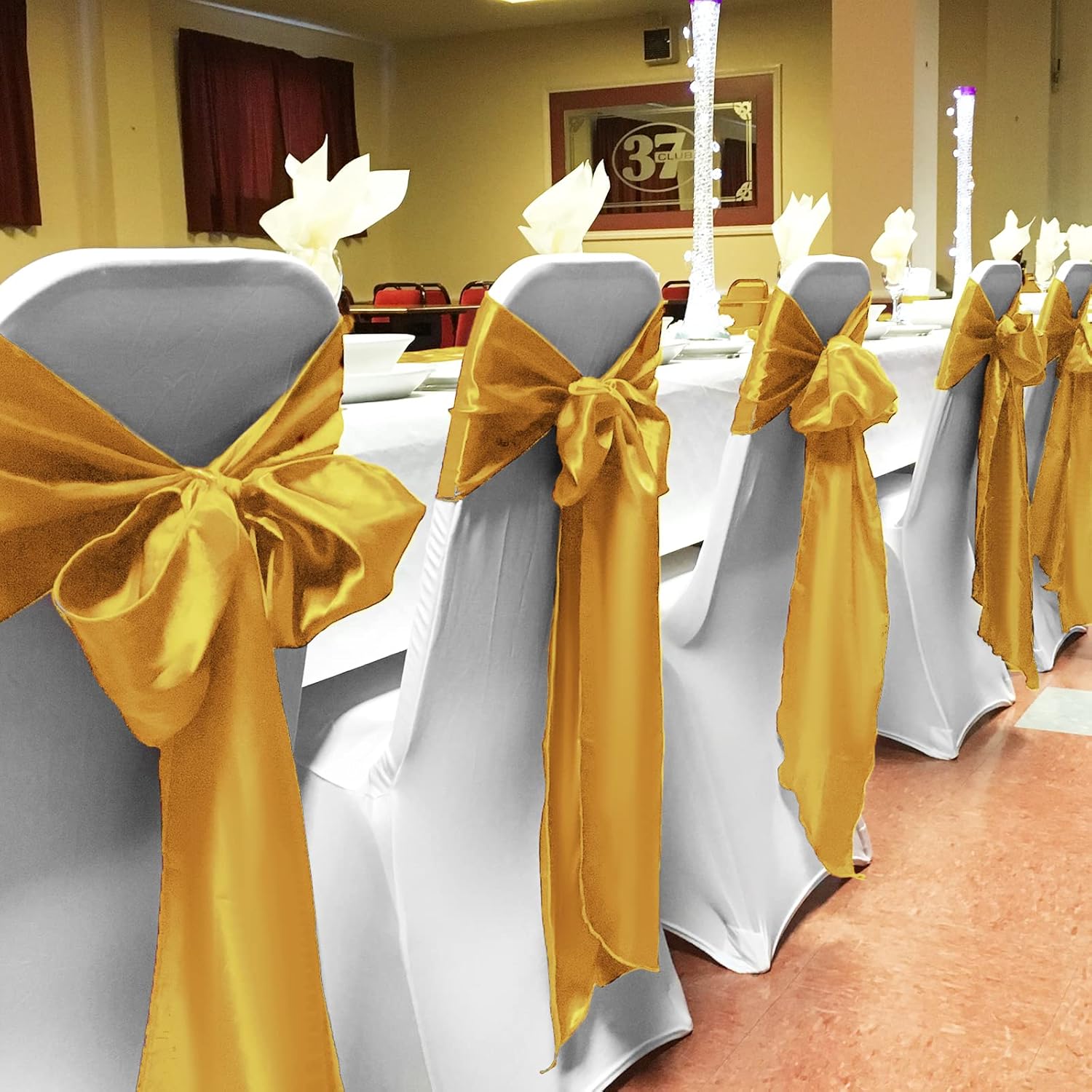 REWOMC 50 bandas de satén para silla, diseño de lazo decorativo, para Acción de Gracias, boda, vacaciones, banquetes, fiestas, decoración del hogar