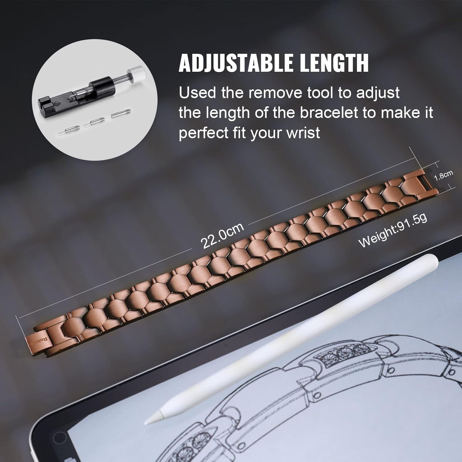 RainSo Pulsera de cobre puro 99.99% para hombres con imanes fuertes de doble fila, 3800 Gauss, joyería ajustable con herramienta de tamaño con caja