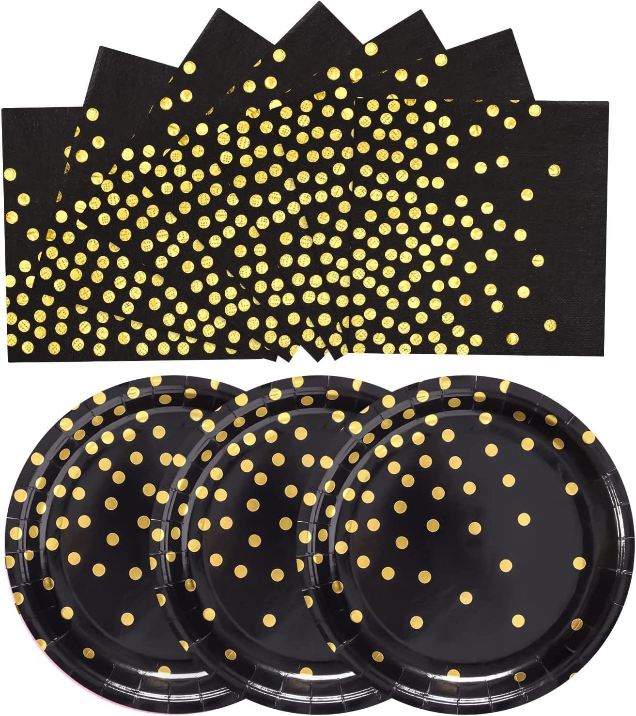 Platos de papel negro y dorado, paquete de 50 unidades, 25 platos de papel de 7 pulgadas y 25 servilletas de 6.5 pulgadas, platos de papel negro y