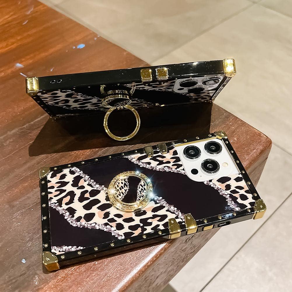Funda cuadrada de lujo compatible con iPhone 15 Pro de 6.1 pulgadas, funda con soporte de diamante de leopardo, silicona suave y brillante a prueba