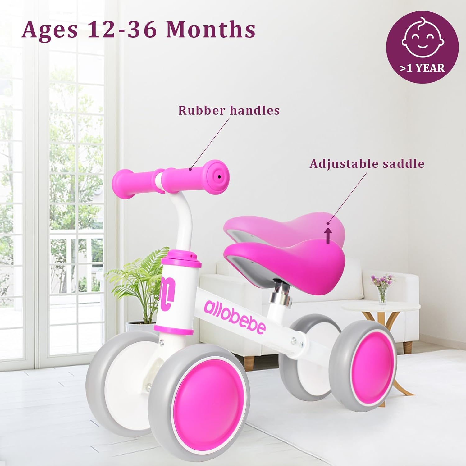 allobebe Baby Balance Bike, Linda bicicleta para niños de 12 a 36 meses regalos para niña de 1 año de edad bicicleta para entrenar al bebé de