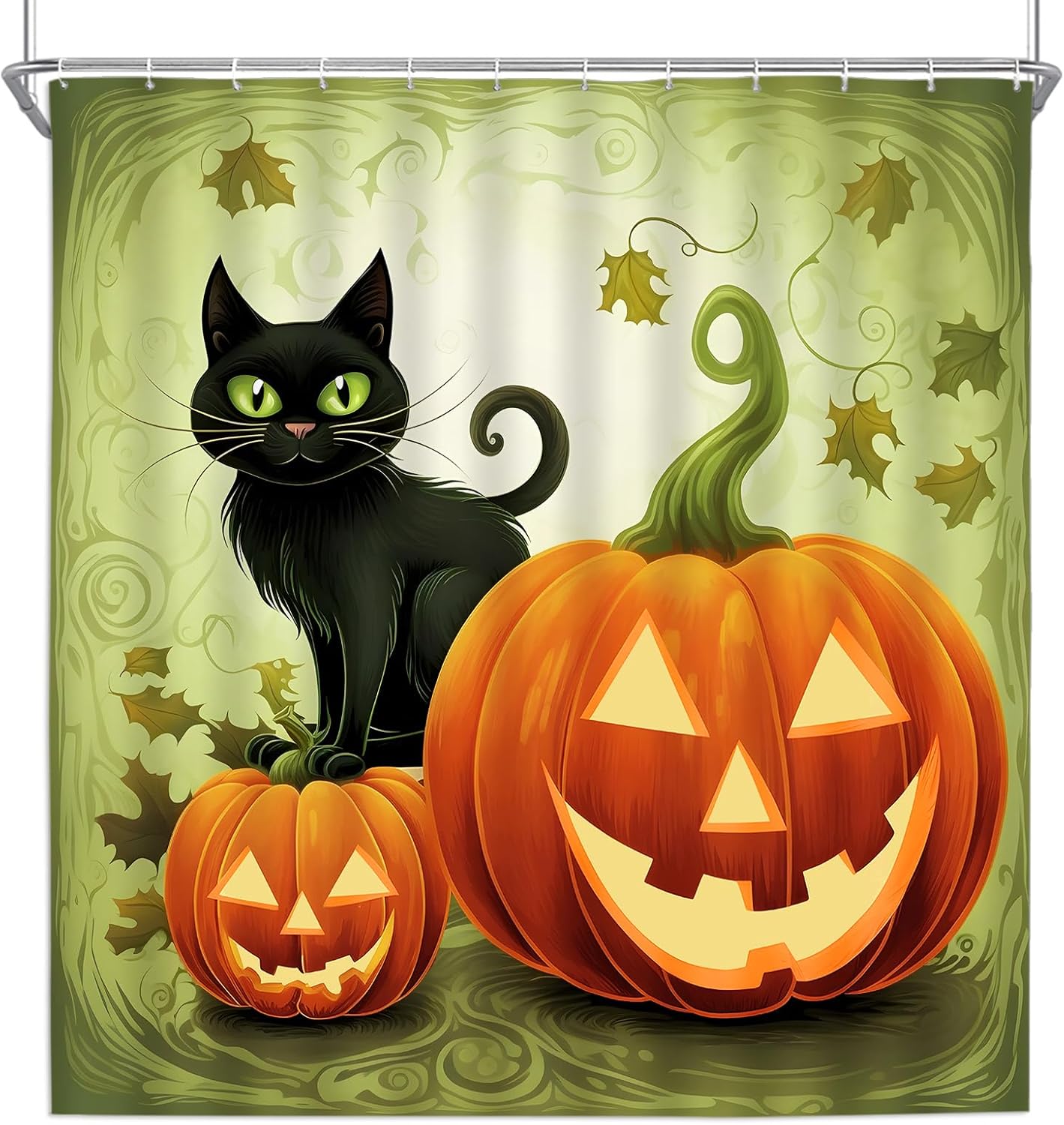 Cortinas de ducha de Halloween, diseño divertido de calabaza de dibujos animados naranja y gato negro, decoración de baño para niños, juego de