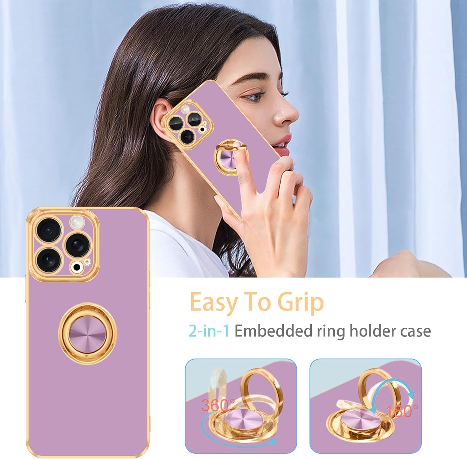 Fingic Funda para iPhone 15 Pro con soporte de anillo giratorio de 360 soporte magnético para automóvil chapado en oro brillante Funda protectora