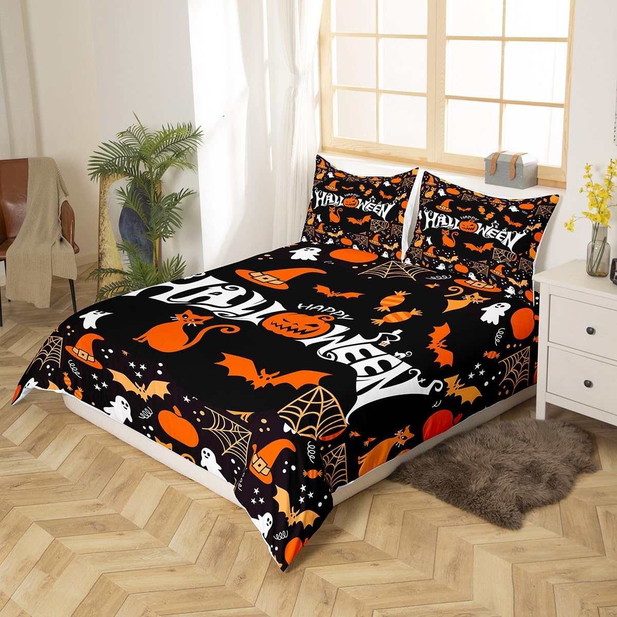 Decoración de Halloween, funda de edredón matrimonial, funda de edredón de calabaza fantasma, gato, telaraña, murciélago, juego de ropa de cama para
