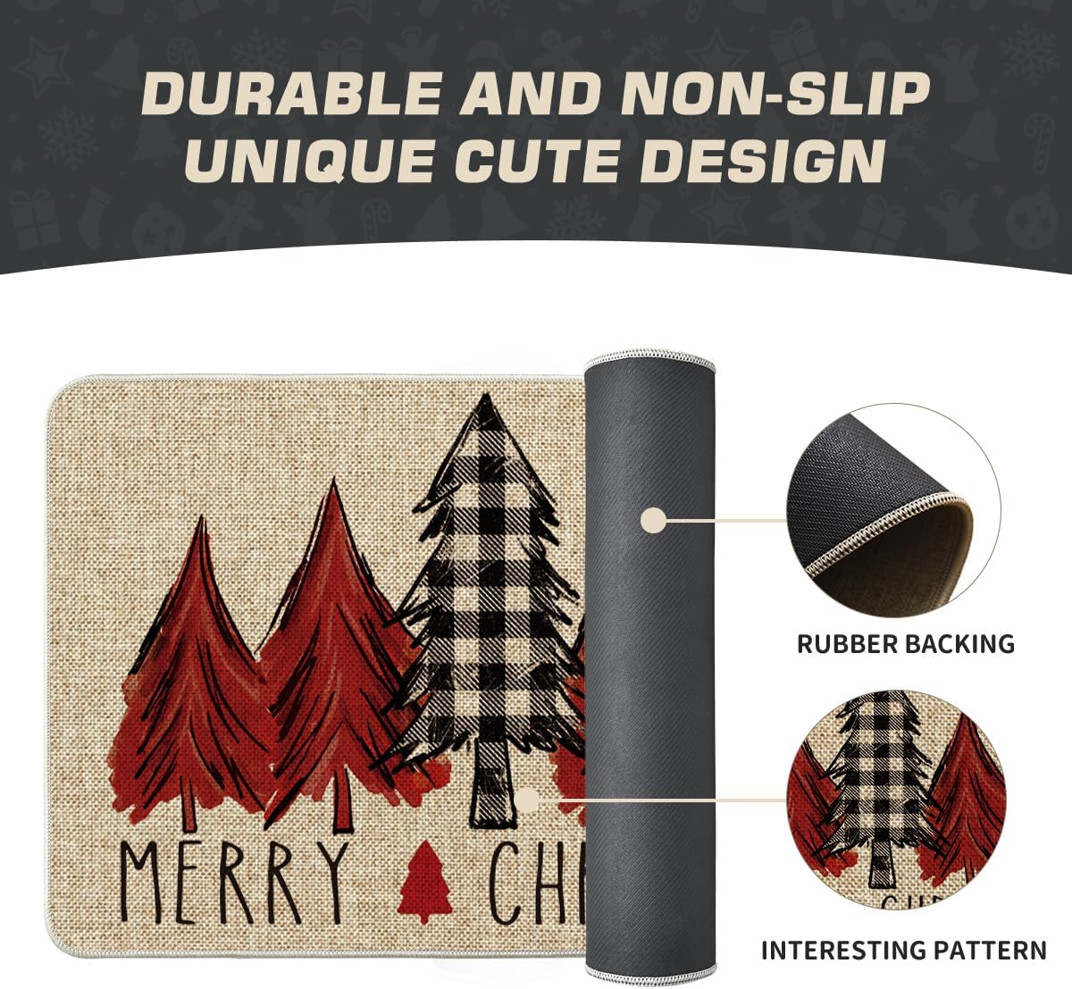 Artoid Mode Tapete rojo con diseño de árboles de Navidad, decoración del hogar de invierno de perfil bajo, tapete de puerta para interiores y