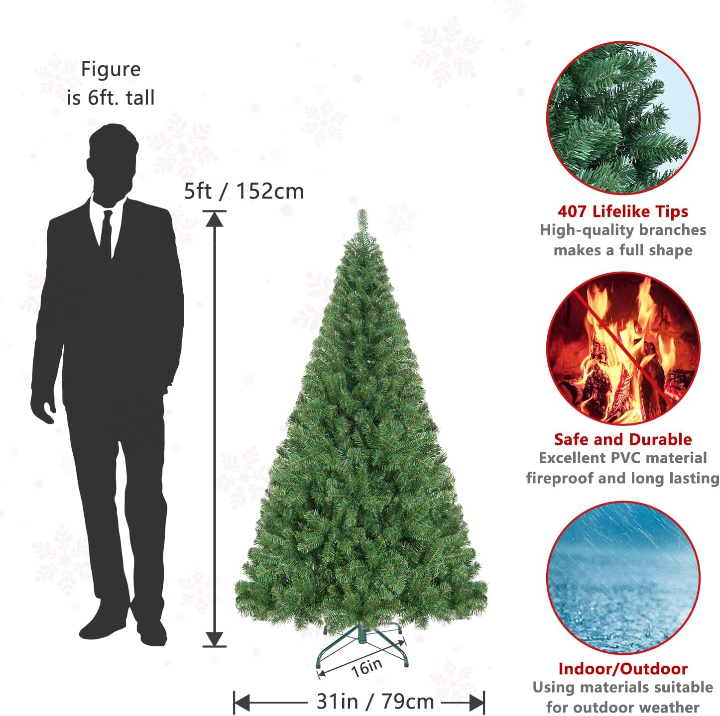 Árbol de Navidad artificial de 5 pies, árbol verde de Navidad para el hogar, oficina, vacaciones, fiesta, decoración interior y exterior, árbol de