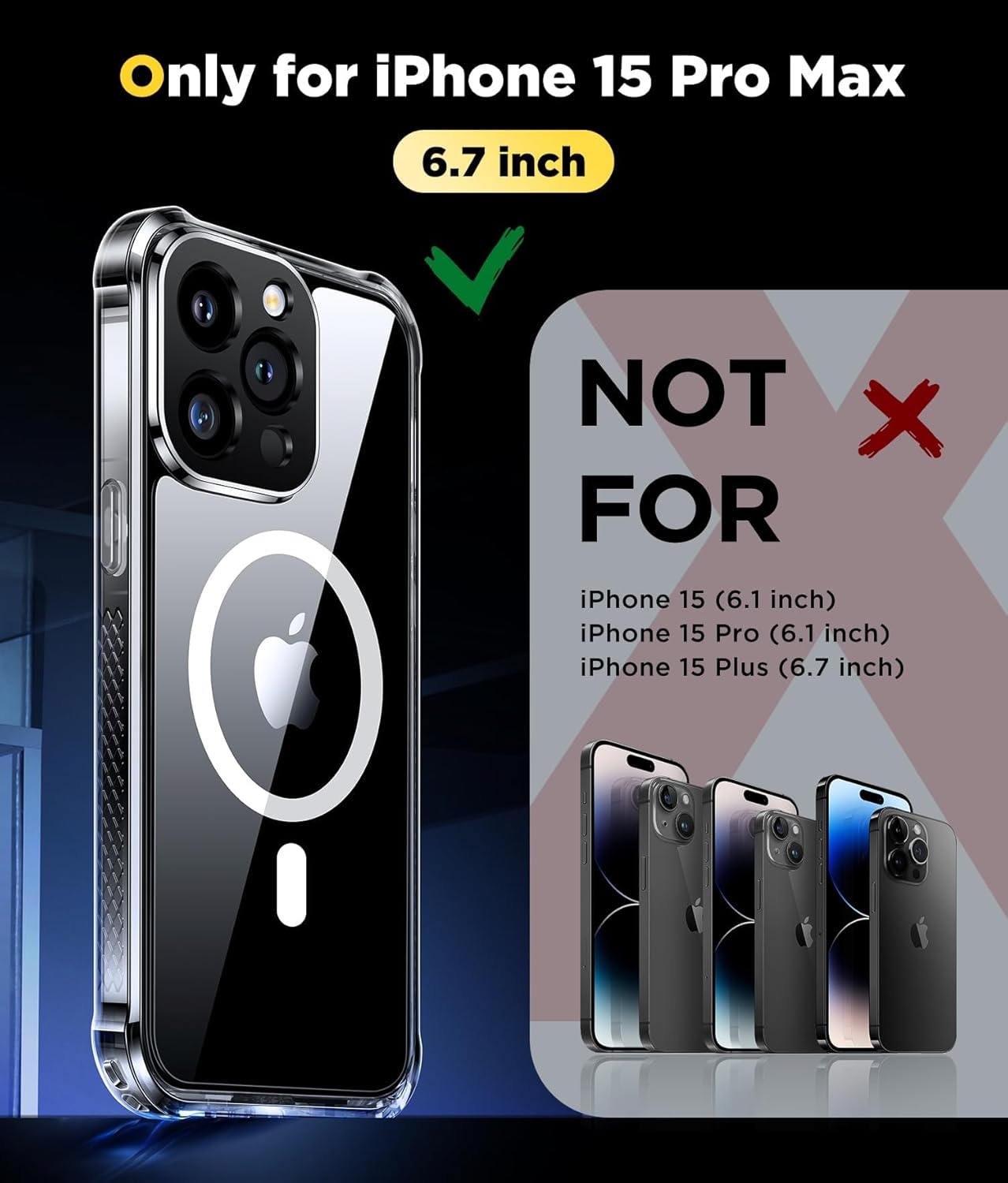 Humixx Funda magnética impermeable para iPhone 15 Pro Max transparente IP68 a prueba de vida subacuática compatible con Magsafe de cuerpo completo a