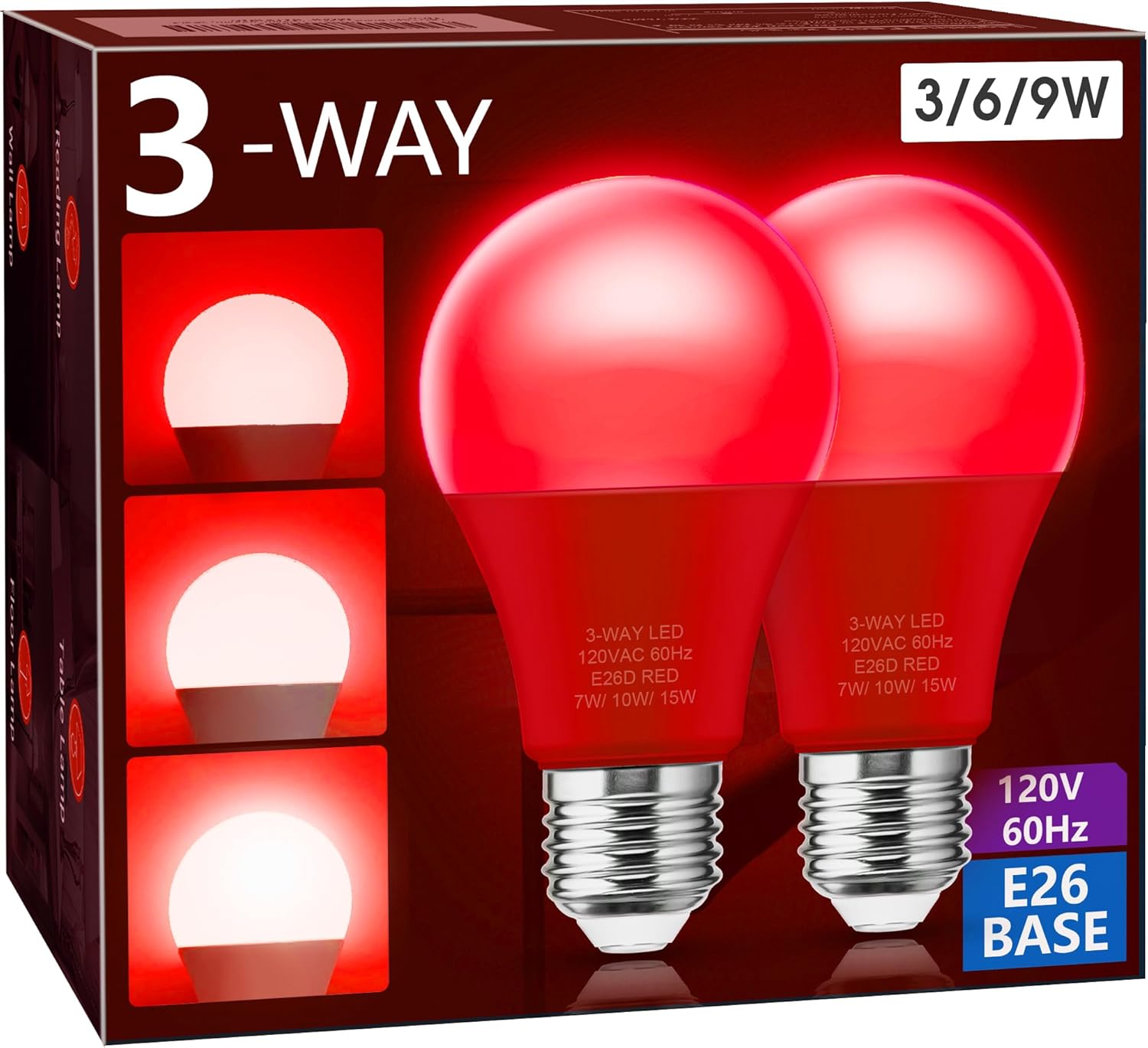 Briignite Bombillas rojas de 3 vías, bombillas LED de 3 vías equivalentes a 30 70 100 W, bombillas rojas de 3 vías, bombillas A19 de tres vías, base