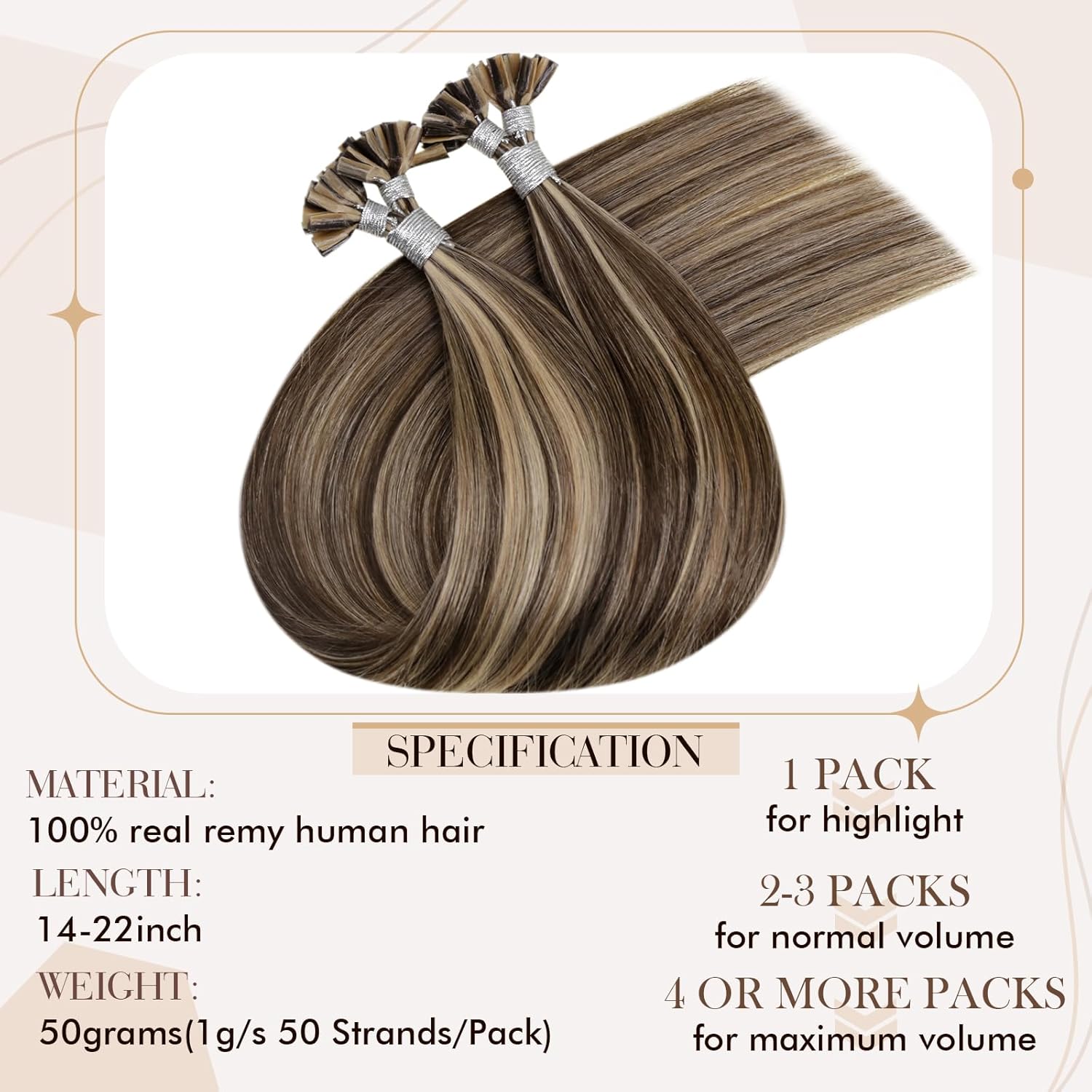 Hetto Extensiones de cabello humano con queratina en U Tip #427, color castaño con reflejos rubio miel, extensiones de cabello humano con punta en
