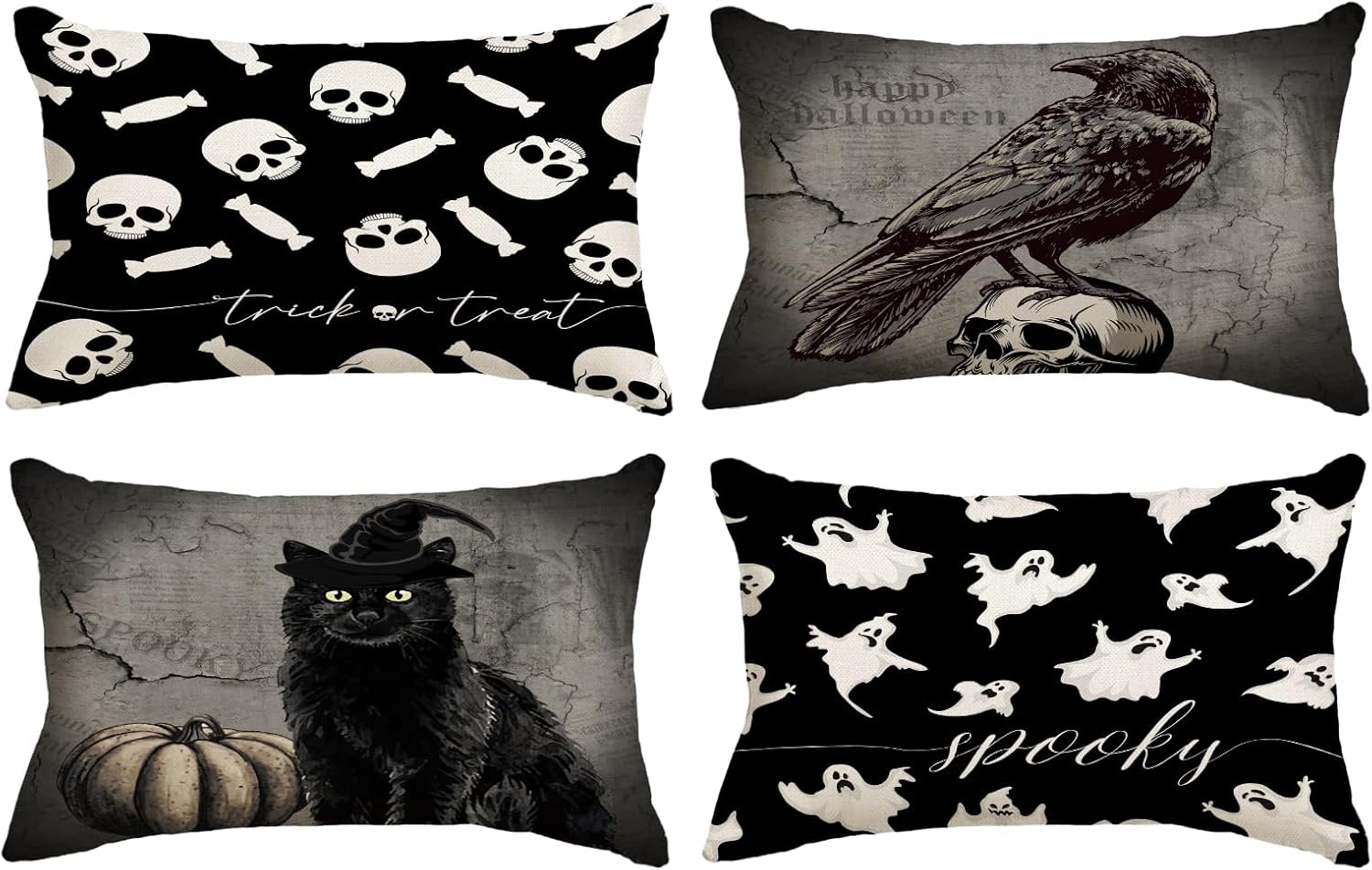 Fundas de almohada de Halloween de 12 x 20 pulgadas, juego de 4 fundas de almohada decorativas de truco o trato, fundas de almohada de gato negro,