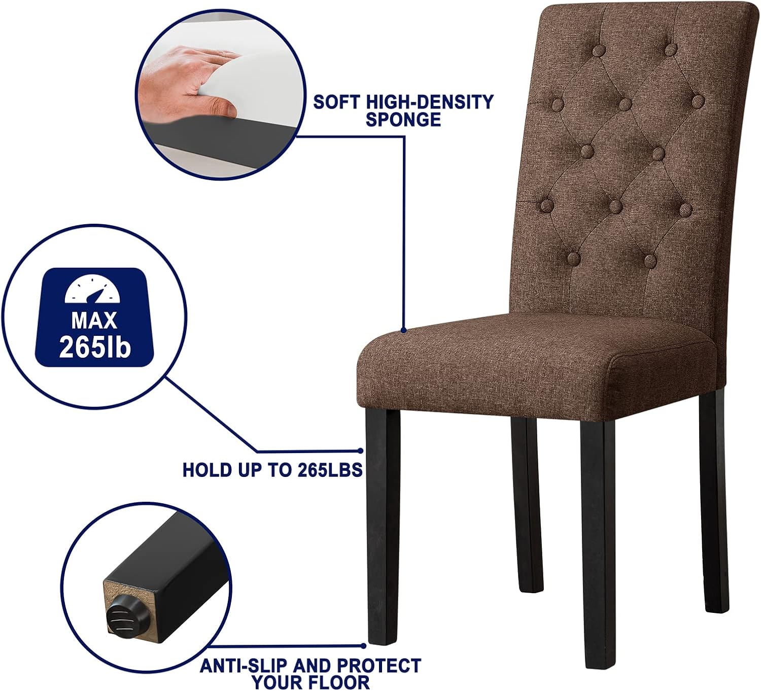 Line Fabric – Juego de 2 sillas de comedor, color chocolate