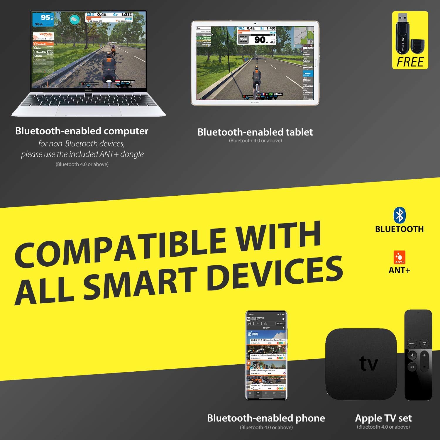 Sportneer Entrenador de bicicleta – Entrenador de bicicleta estacionario inteligente compatible con conexión Bluetooth y ANT+ – Soporte de