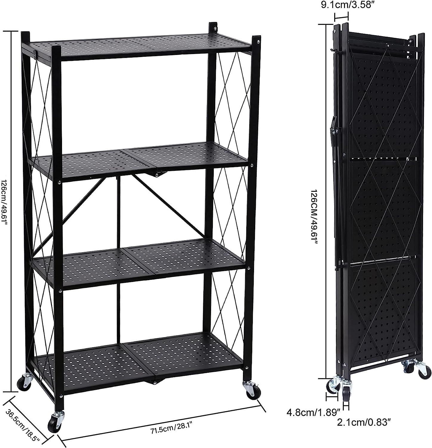 HealSmart Estantería de almacenamiento de metal plegable de 4 niveles con ruedas que se mueven fácilmente, estantes organizadores, ideales para