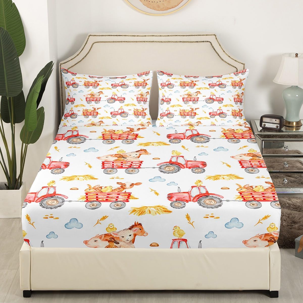 Erosebridal Juego de sábanas para cama de camión de granja para niños y niñas, juego de sábanas de tractor de acuarela roja, tamaño Queen, juego de