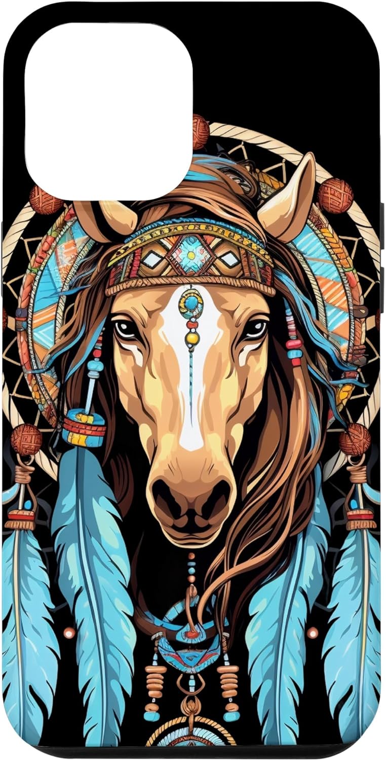 Funda tribal para iPhone 14 Pro Max Horse Dreamcatcher nativo americano plumas
