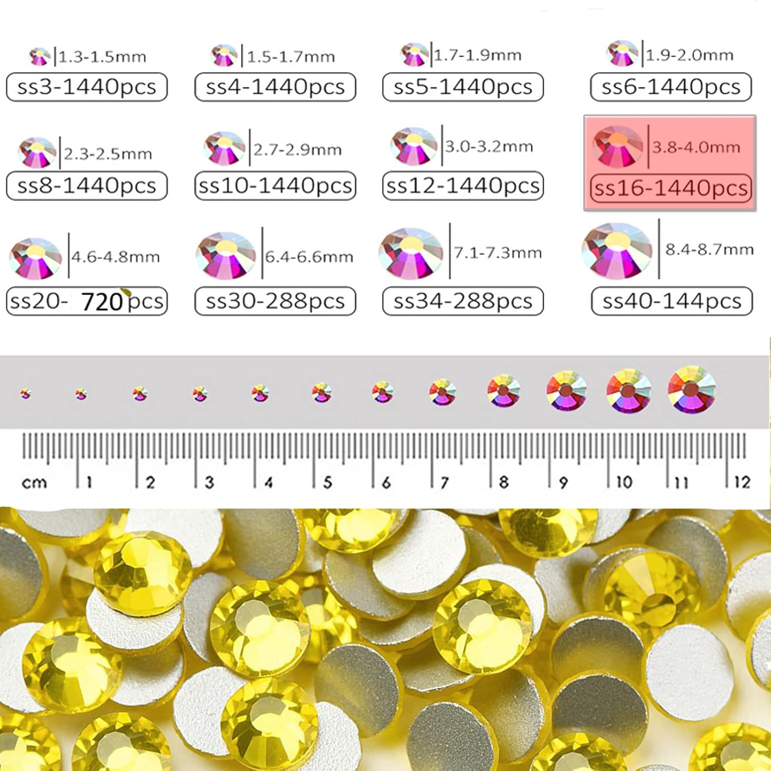 1440 diamantes de imitación SS16 con parte trasera plana, diamantes de imitación de cristal con parte trasera plana de 0.157 in para manualidades,