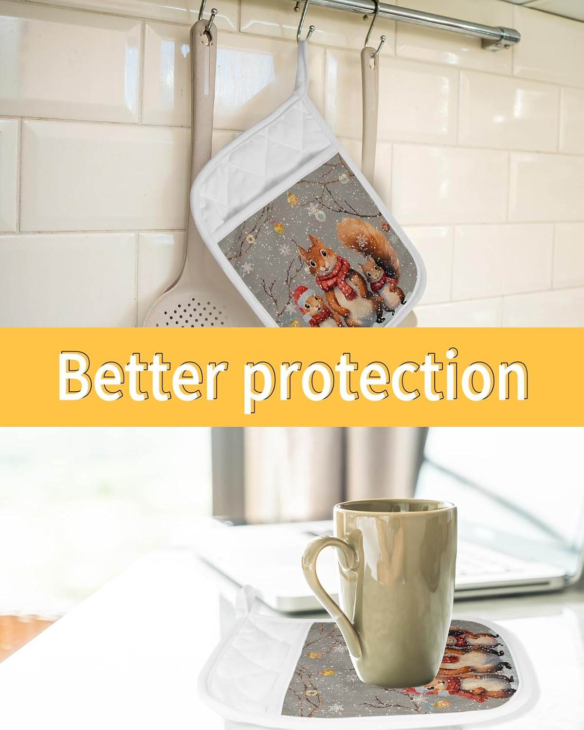 Xmas 3Pcs Pot Holders for Kitchen,Non Slip & Heat Insulation Terry Cloth Potholder Set with Pocket,Thick Hot Pad Oven Mitts Trivet Coaster for