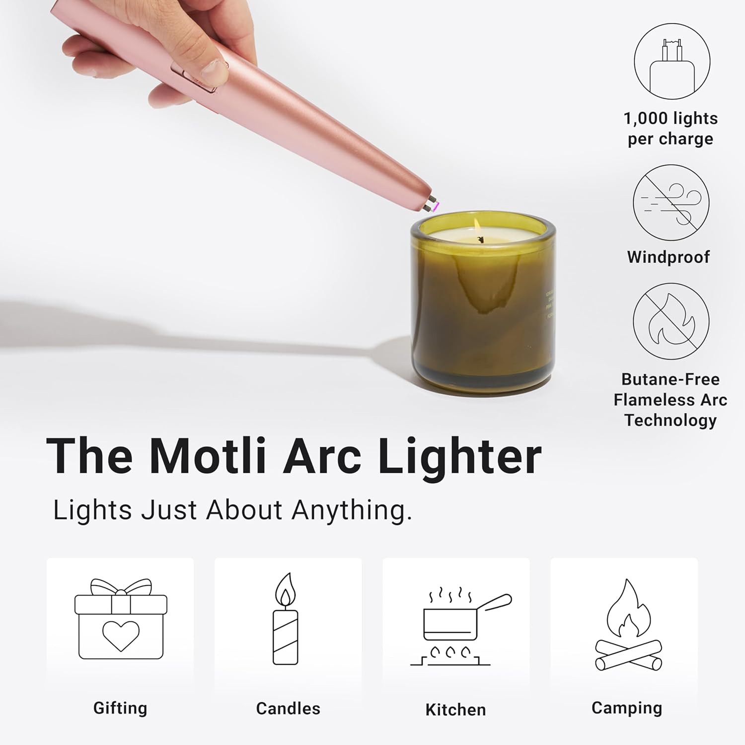 The USB Lighter Company Encendedor eléctrico – La luz Motli con linterna LED y batería recargable – Cuello largo, sin llama, resistente al viento